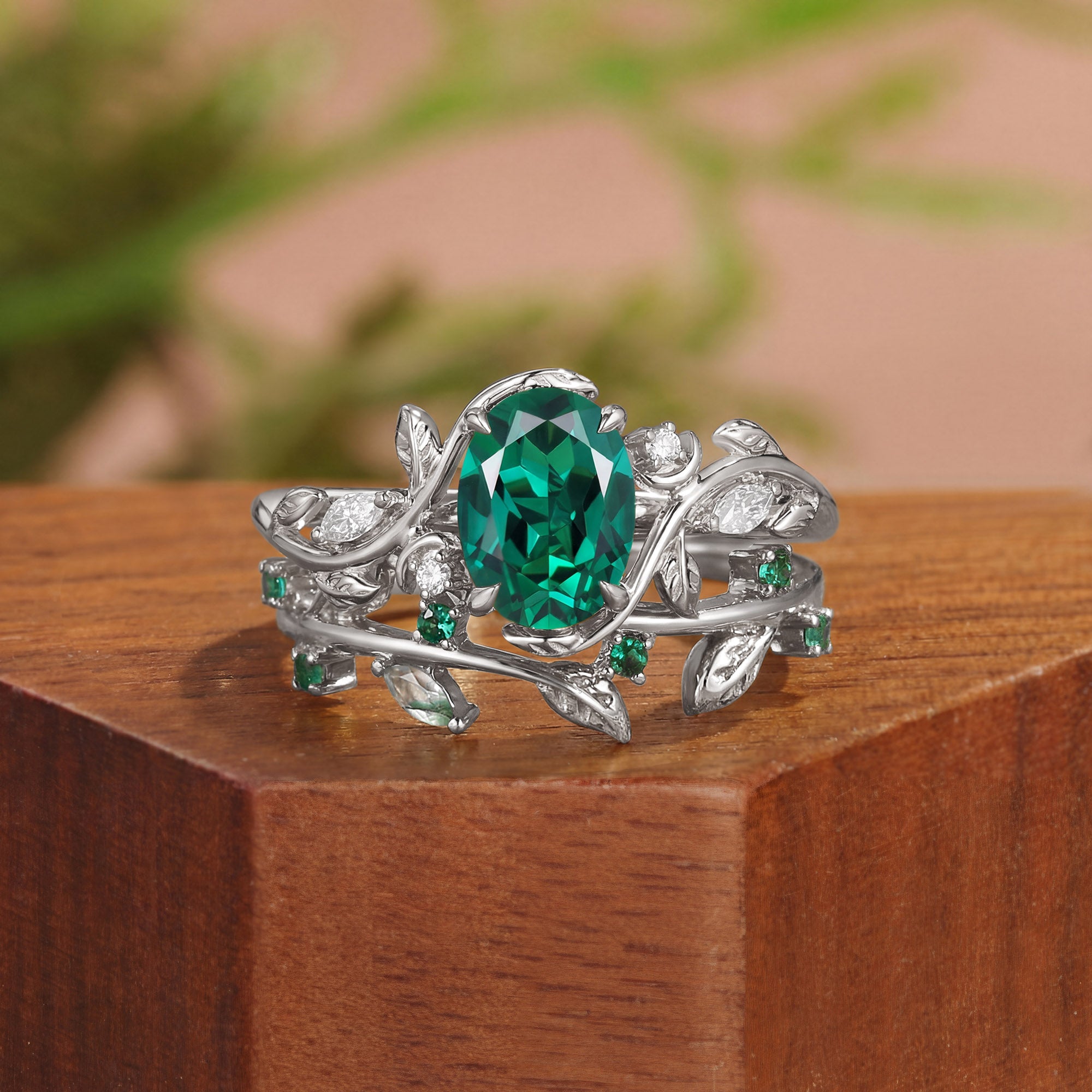 Désirée - Oval Cut Lab Emerald Branch Leafy Engagement Ring Set 2pcs