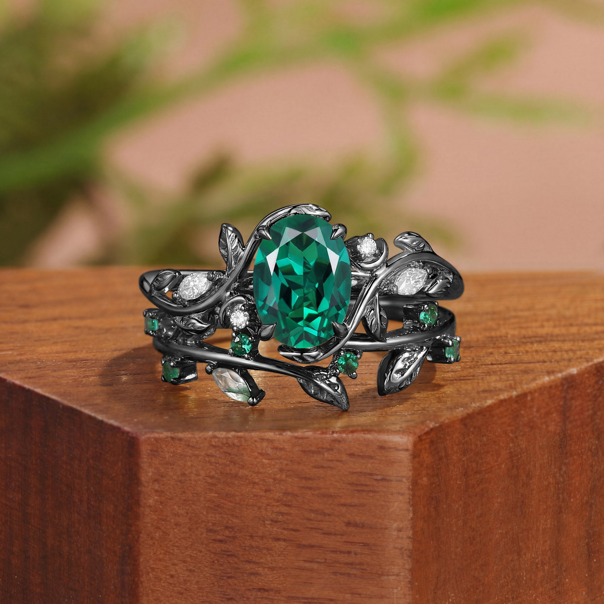 Désirée - Oval Cut Lab Emerald Branch Leafy Engagement Ring Set 2pcs