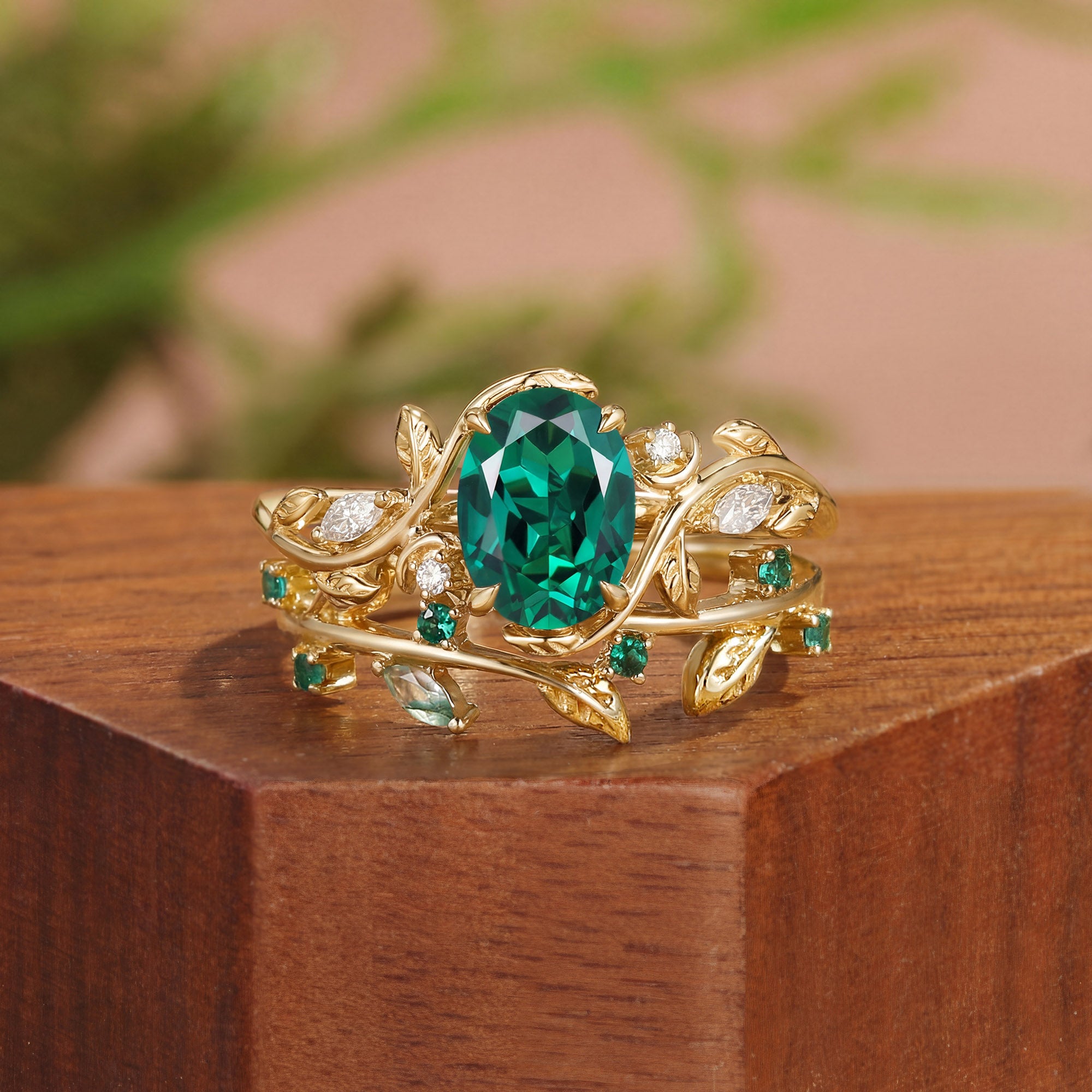 Désirée - Oval Cut Lab Emerald Branch Leafy Engagement Ring Set 2pcs