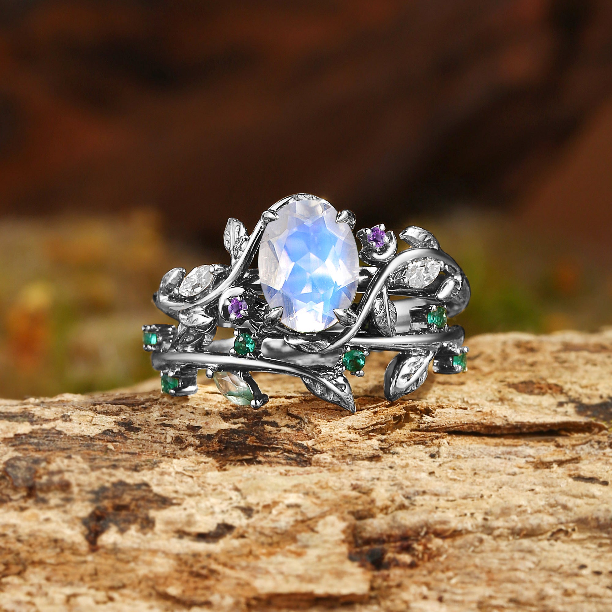 Désirée - Oval Cut Moonstone Branch Leafy Engagement Ring Set 2pcs
