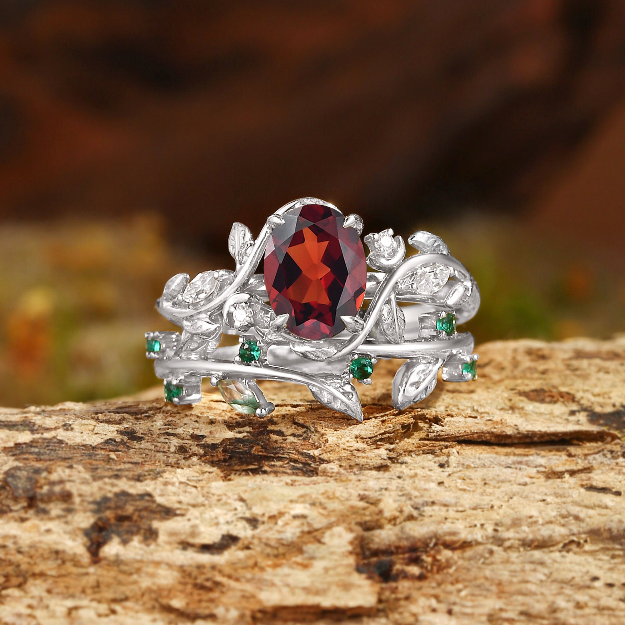 Désirée - Oval Cut Garnet Branch Leafy Engagement Ring Set 2pcs