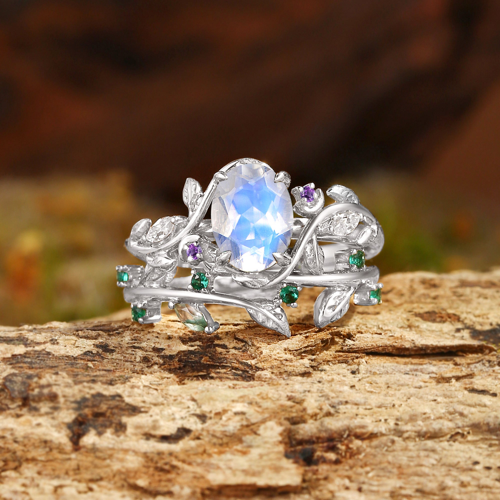 Désirée - Oval Cut Moonstone Branch Leafy Engagement Ring Set 2pcs