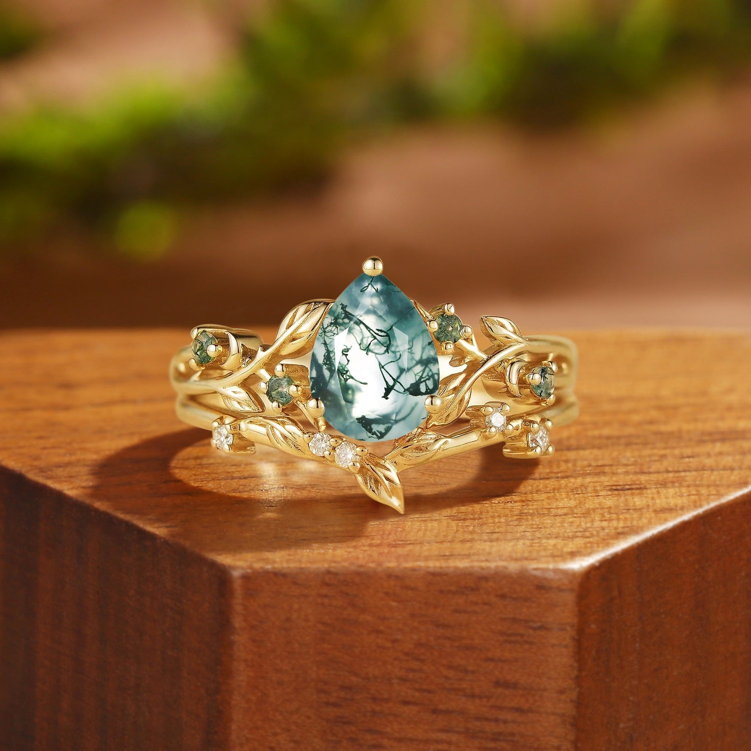 Bettina  - Forest Moss Agate & Moissanite Leafy Engagement Ring Set 2pcs