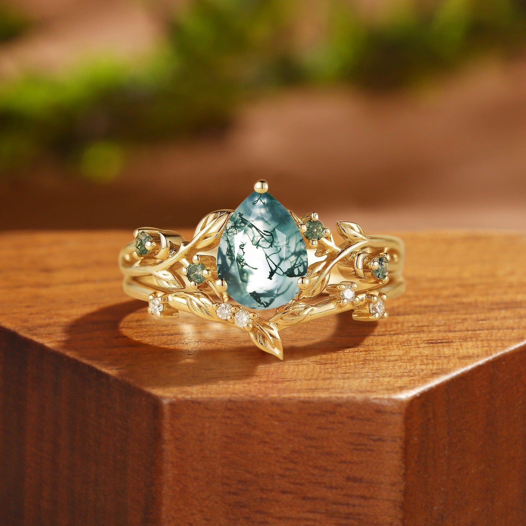 Bettina  - Forest Moss Agate & Moissanite Leafy Engagement Ring Set 2pcs