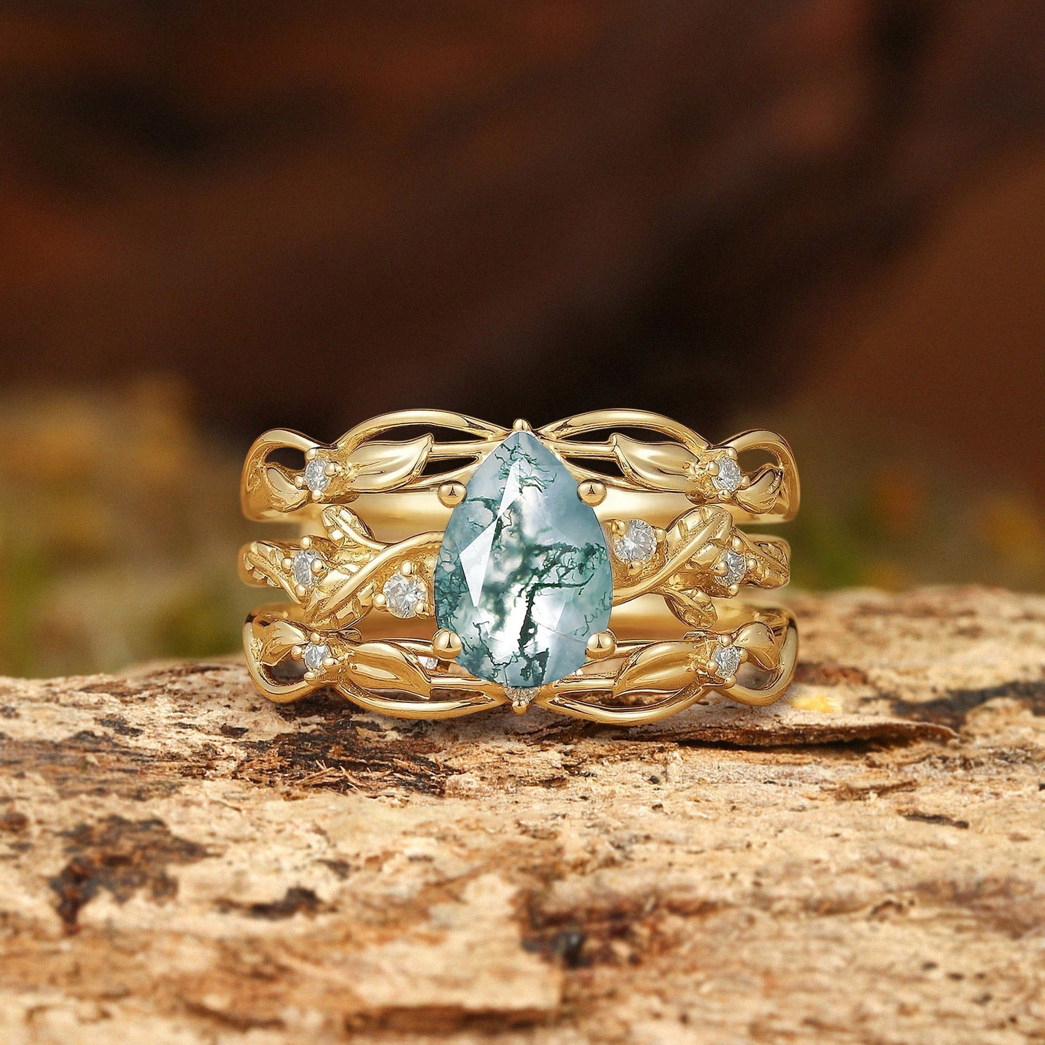 Felicity - Moss Agate & Moissanite Vine Engagement Ring Set 2pcs