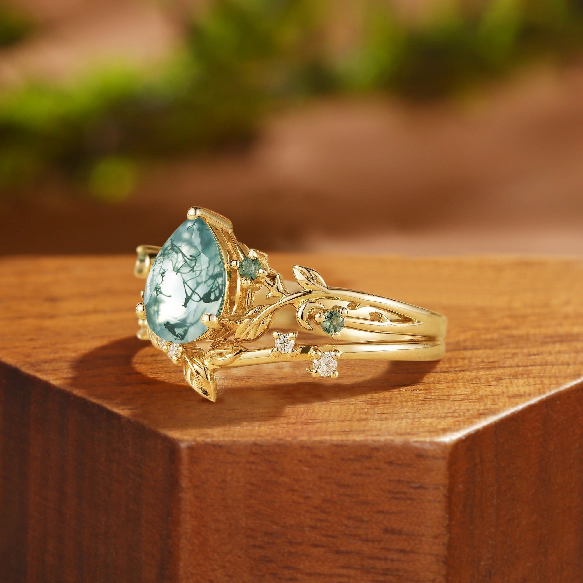 Bettina  - Forest Moss Agate & Moissanite Leafy Engagement Ring Set 2pcs