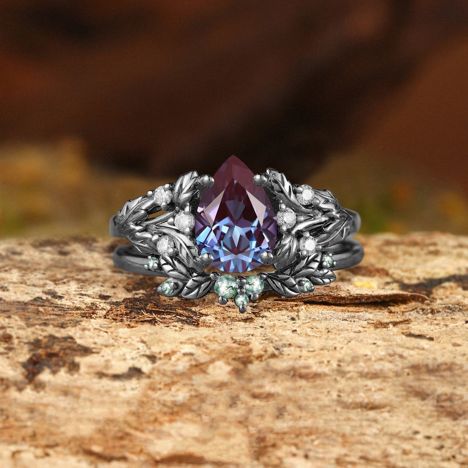 Sage - Pear Cut Alexandrite & Moss Agate Ring Set 2pcs