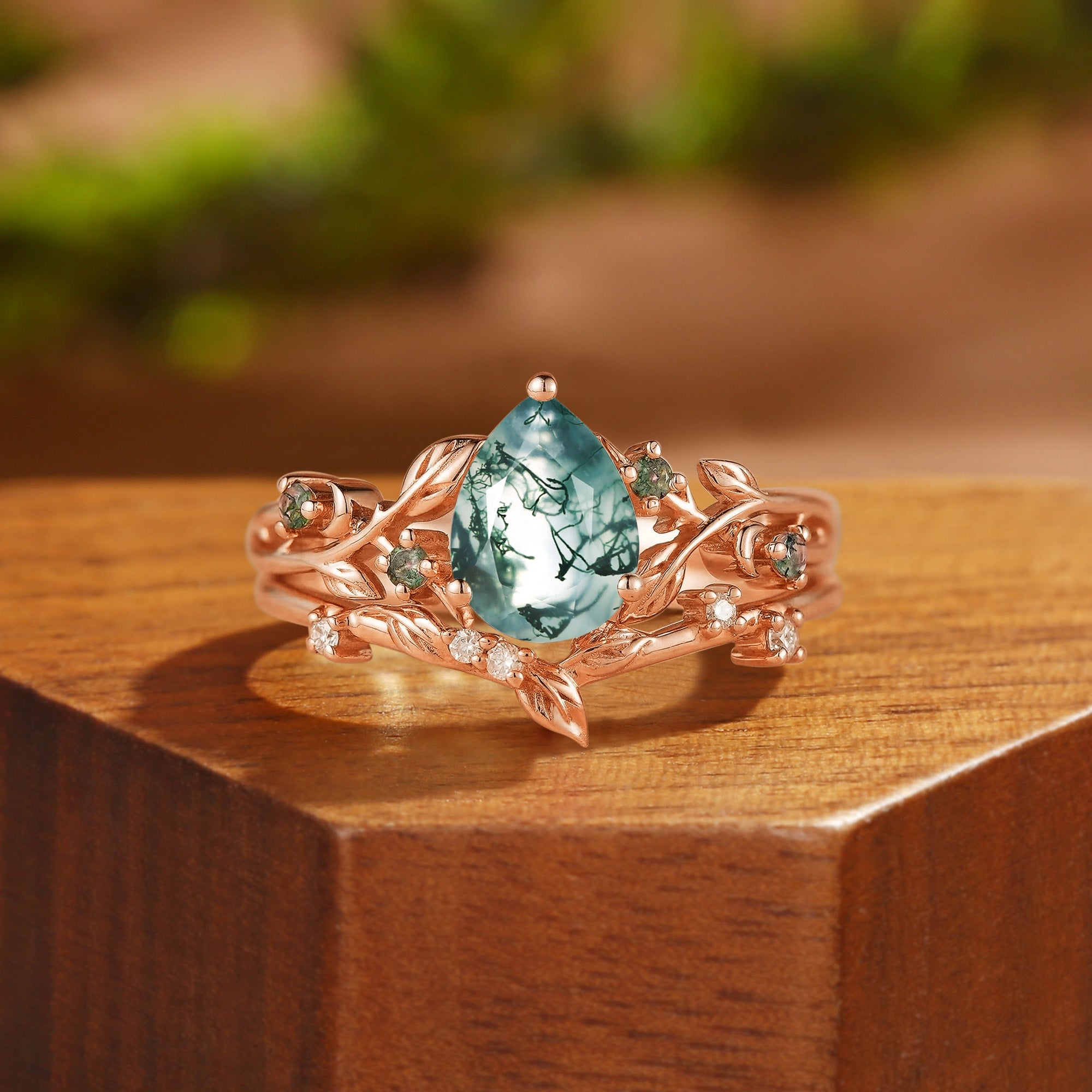 Bettina  - Forest Moss Agate & Moissanite Leafy Engagement Ring Set 2pcs