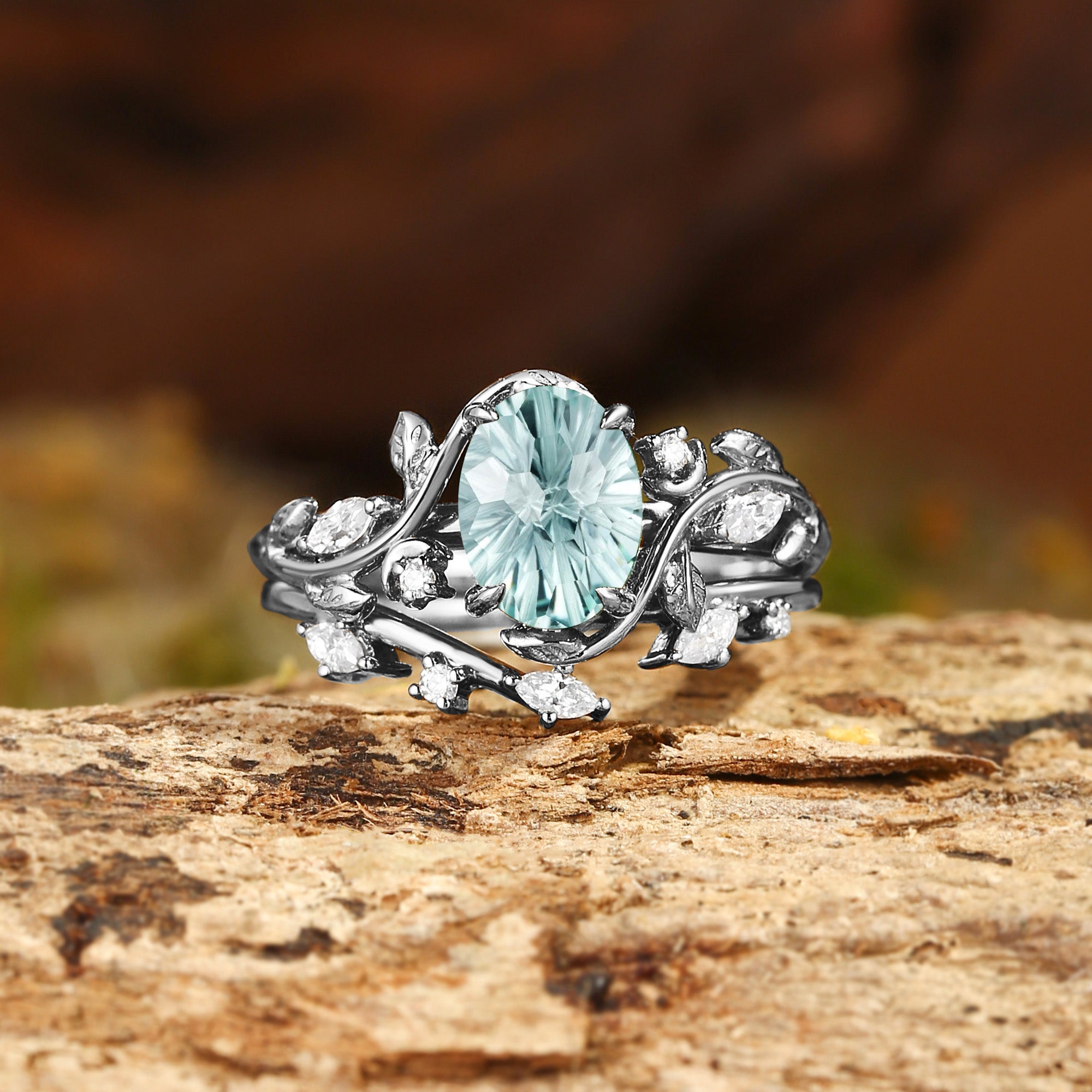 Diana - Oval Cut Leaf-Inspired Firework Cut Green Sapphire Engagement Ring Set 2pcs