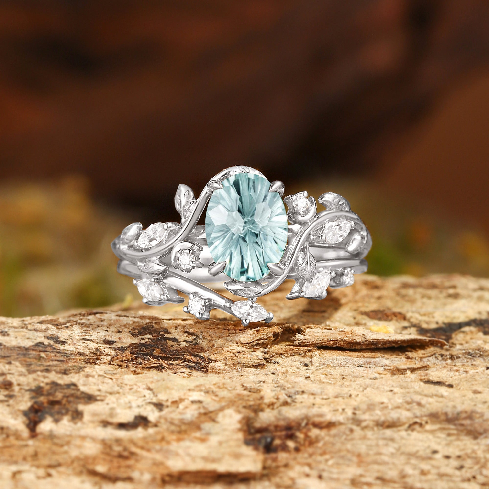 Diana - Oval Cut Leaf-Inspired Firework Cut Green Sapphire Engagement Ring Set 2pcs