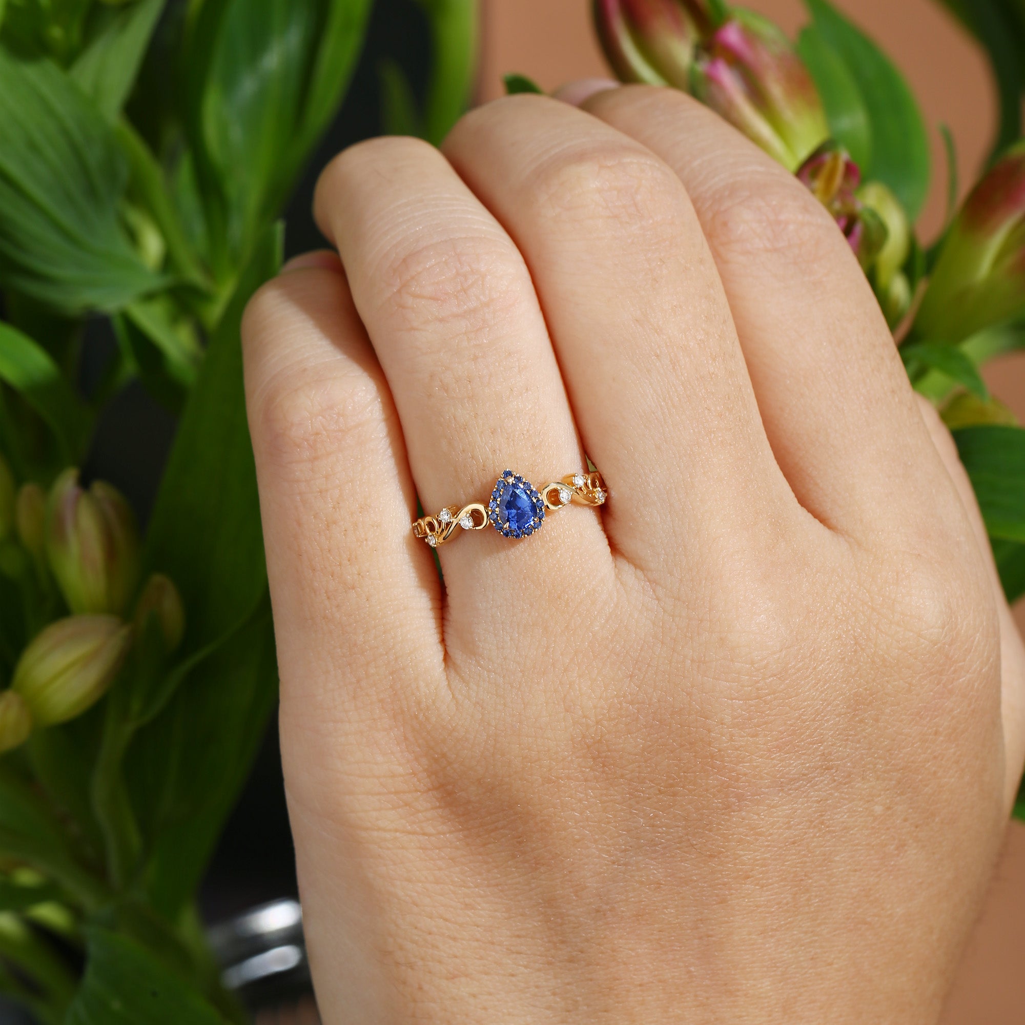Odessa - Vintage Halo Pear Cut Sapphire Filigree Engagement Ring