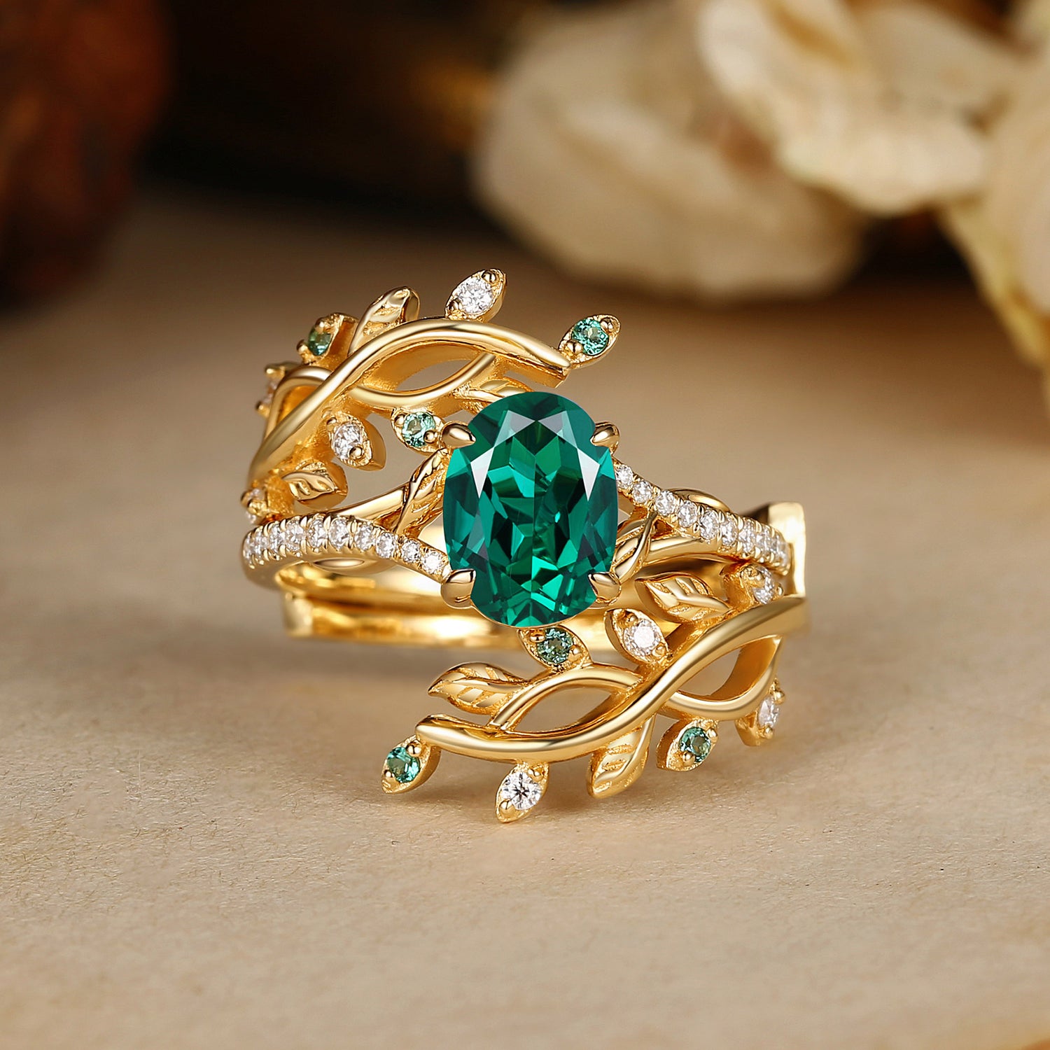 Hermine - Lab Emerald & Alexandrite Engagement Enhancer Ring Set 2pcs
