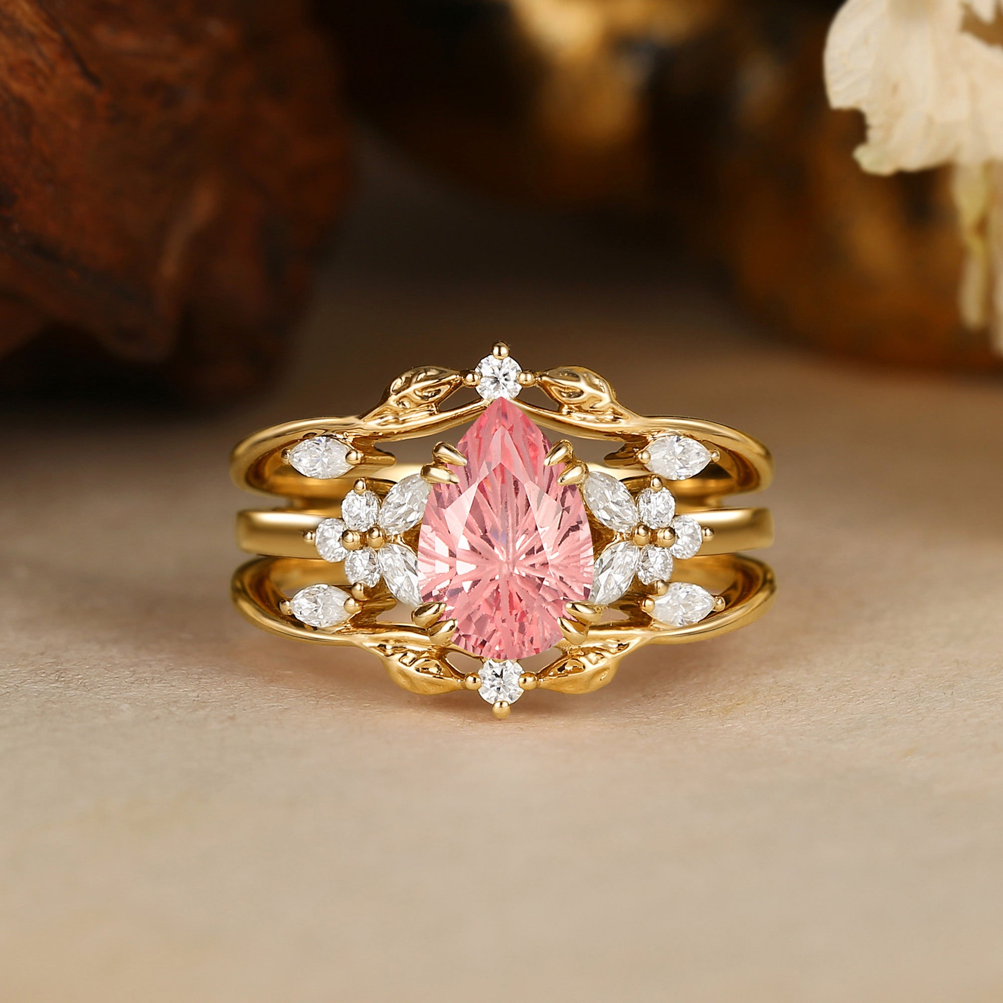 Jasmine - Firework Cut Pink Padparadscha Sapphire Leaf Ring Bridal Set 2PCS