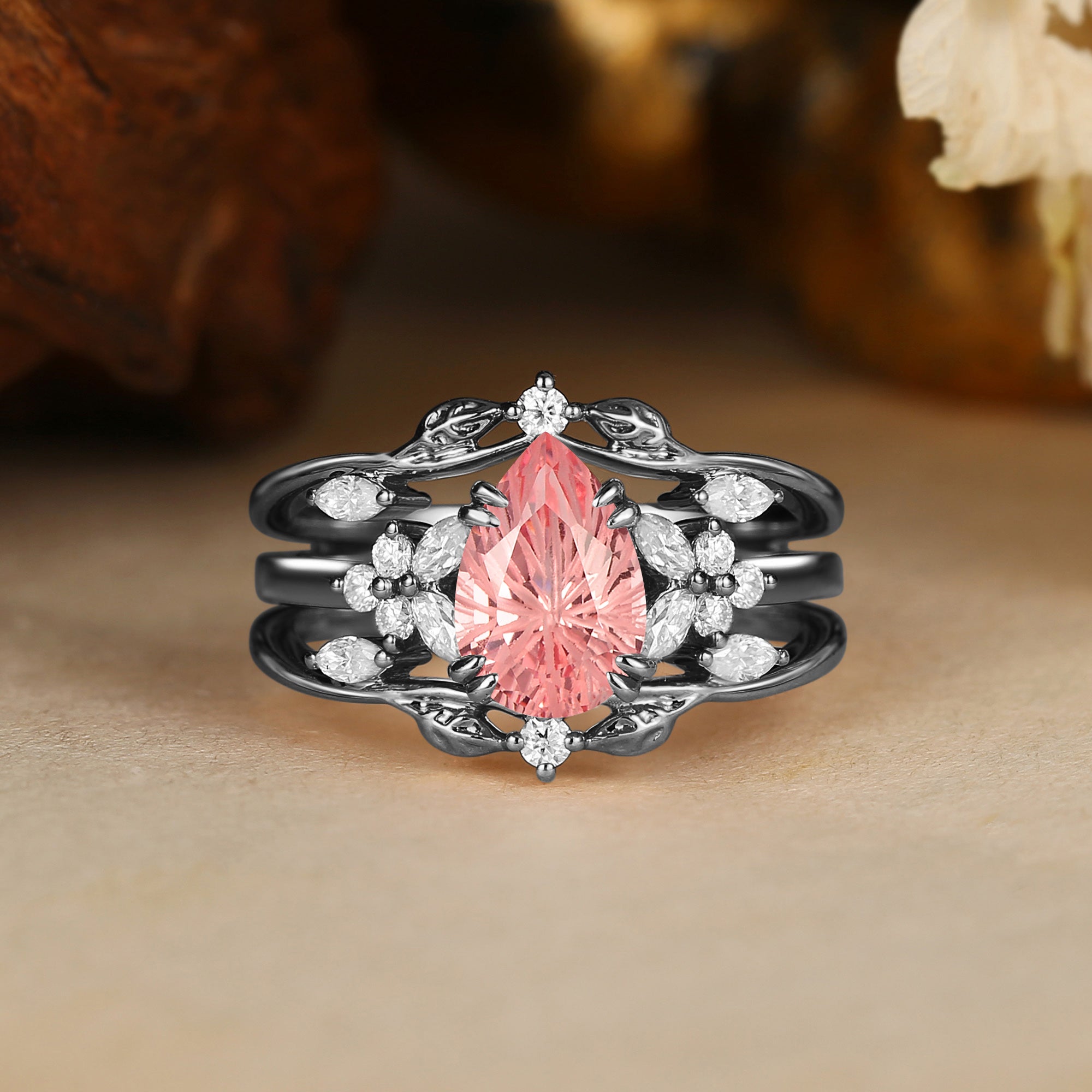 Jasmine - Firework Cut Pink Padparadscha Sapphire Leaf Ring Bridal Set 2PCS