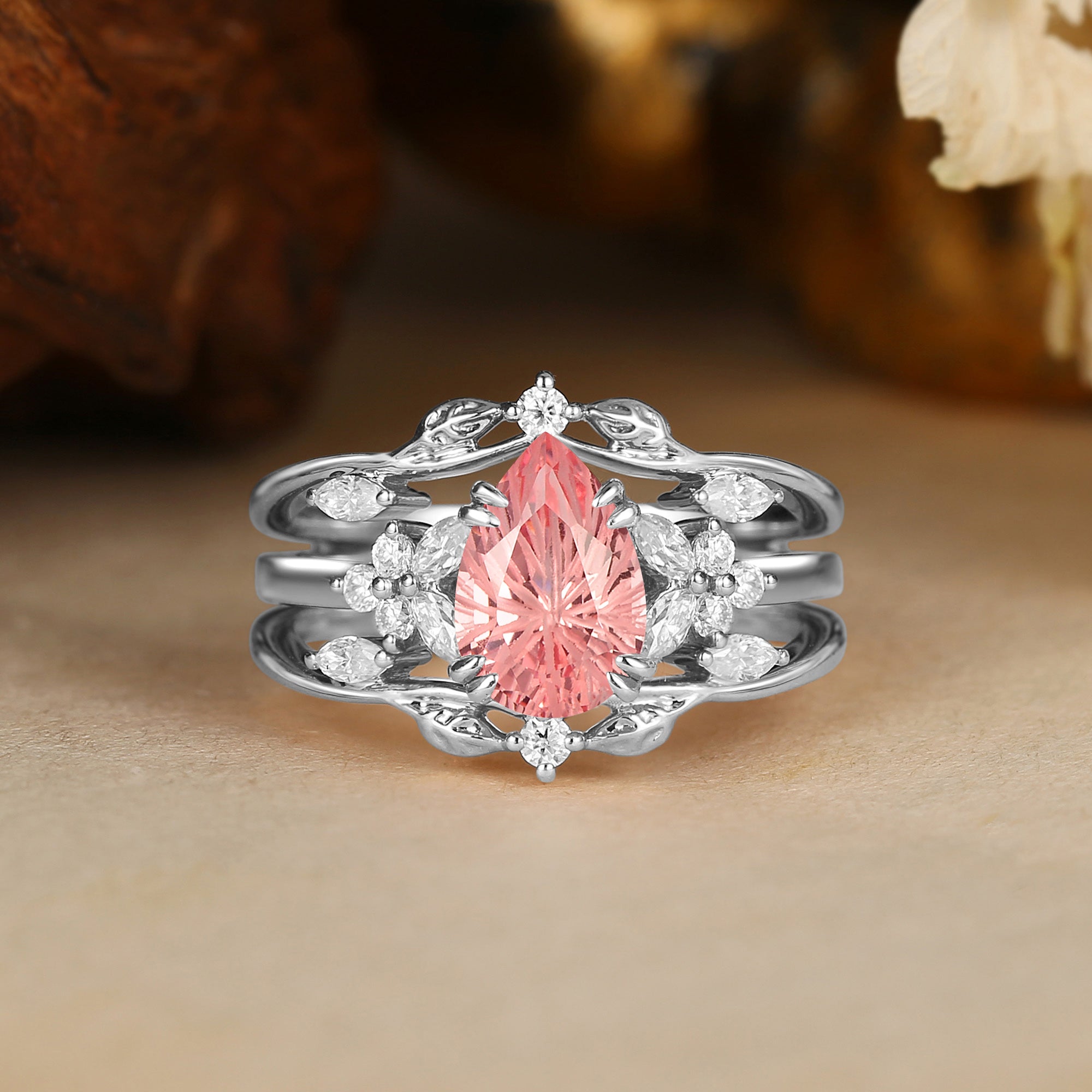 Jasmine - Firework Cut Pink Padparadscha Sapphire Leaf Ring Bridal Set 2PCS