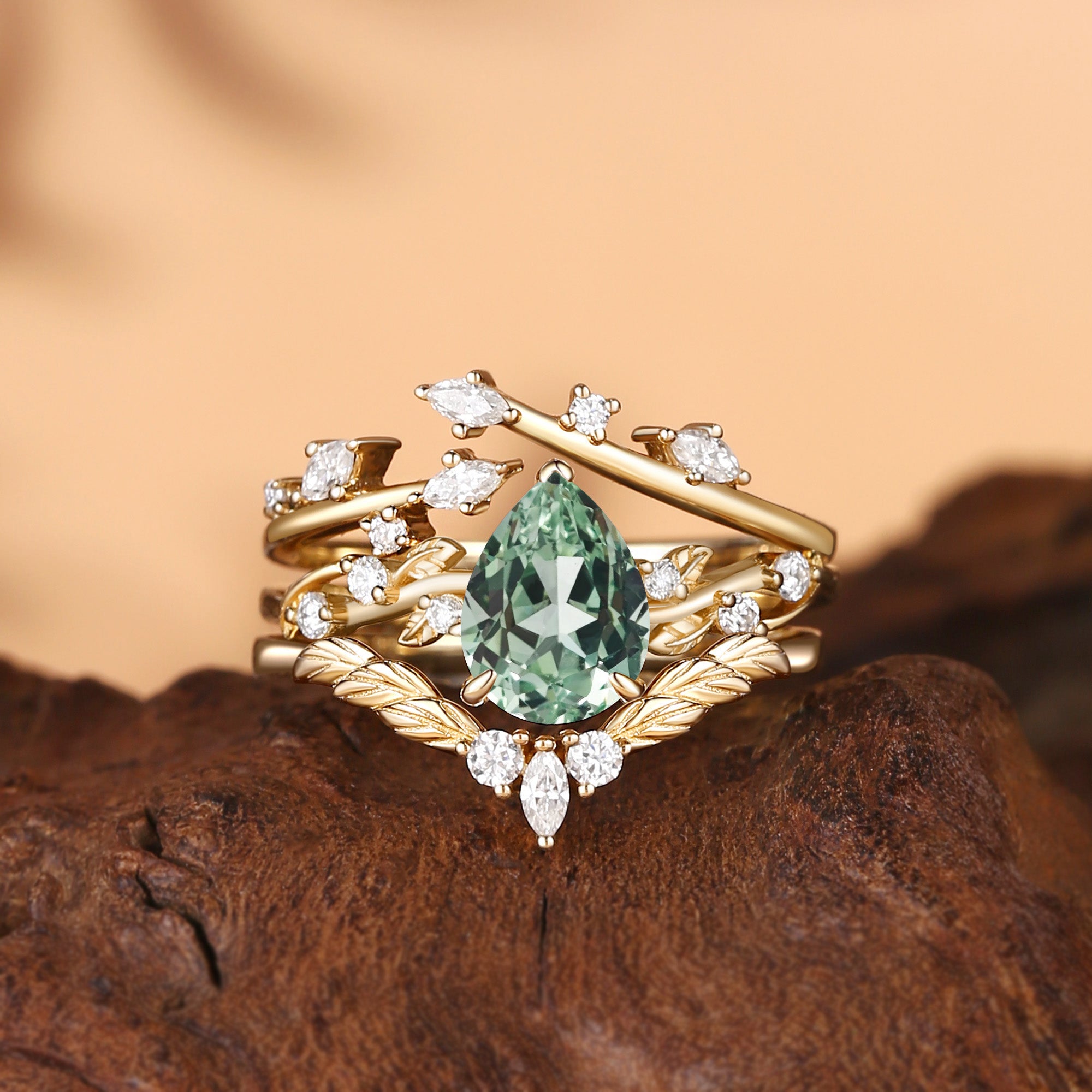 Green Sapphire Vine Inspired Leafy Bridal Set 3pcs - Clarissa