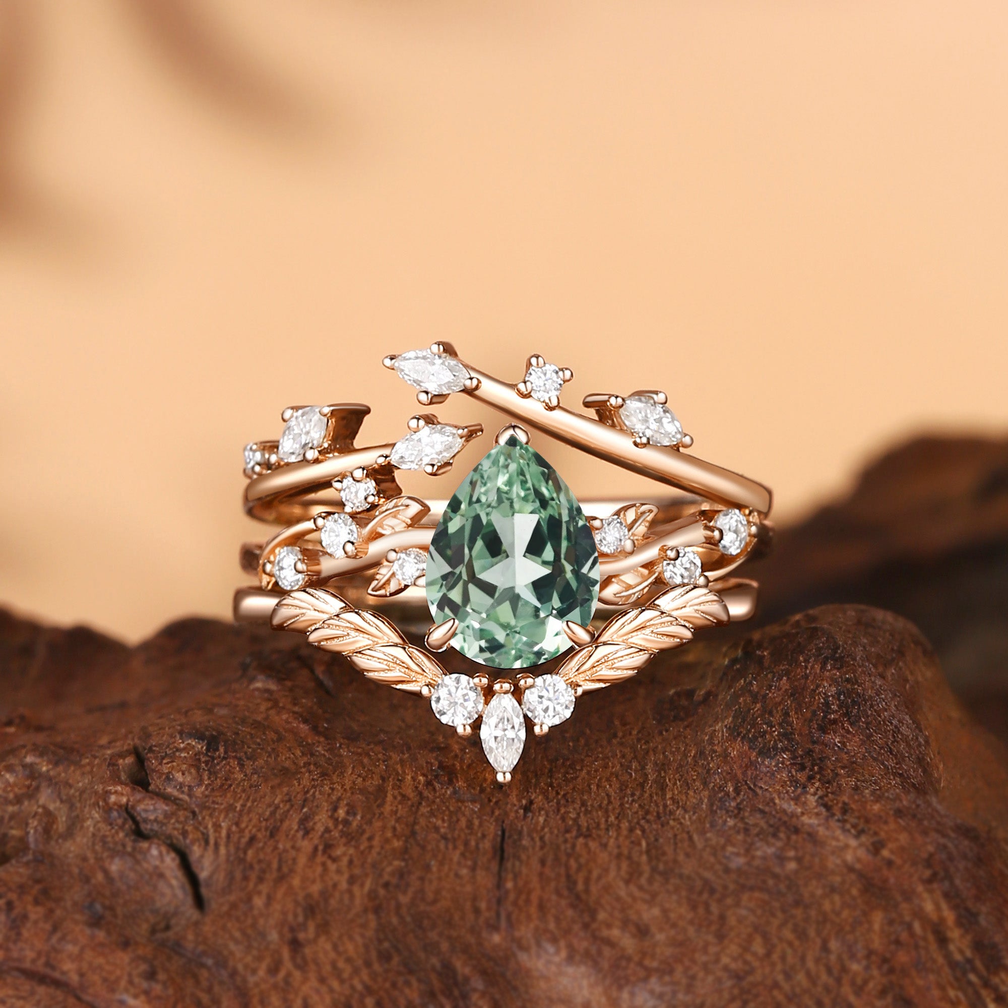 Green Sapphire Vine Inspired Leafy Bridal Set 3pcs - Clarissa