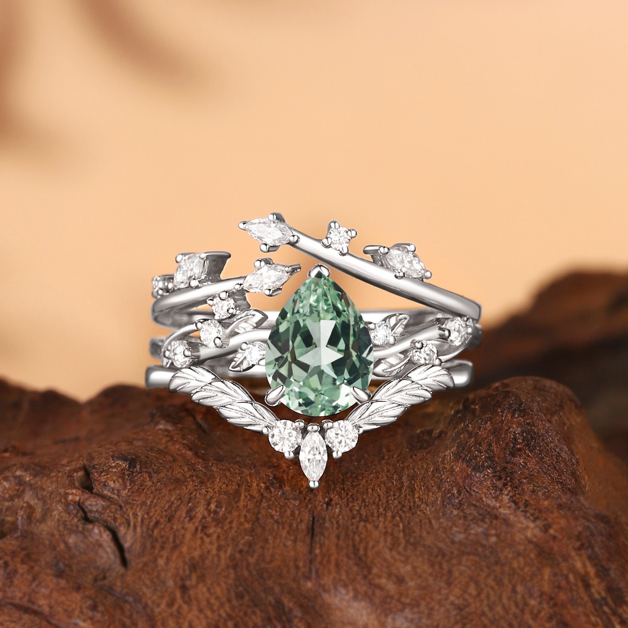 Green Sapphire Vine Inspired Leafy Bridal Set 3pcs - Clarissa