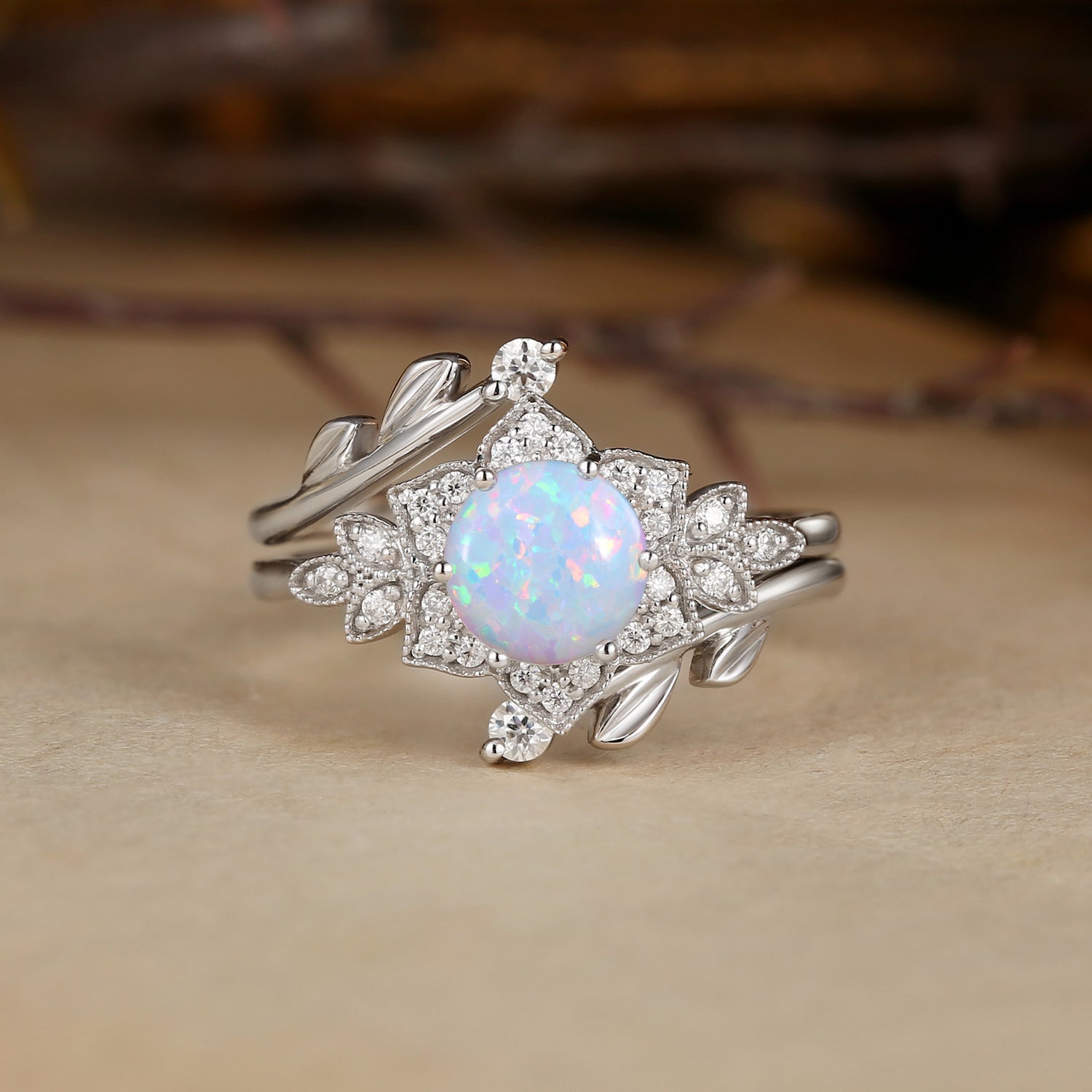 Daisy - Round Cut Opal Flower Vintage Engagement Ring Set 2pcs