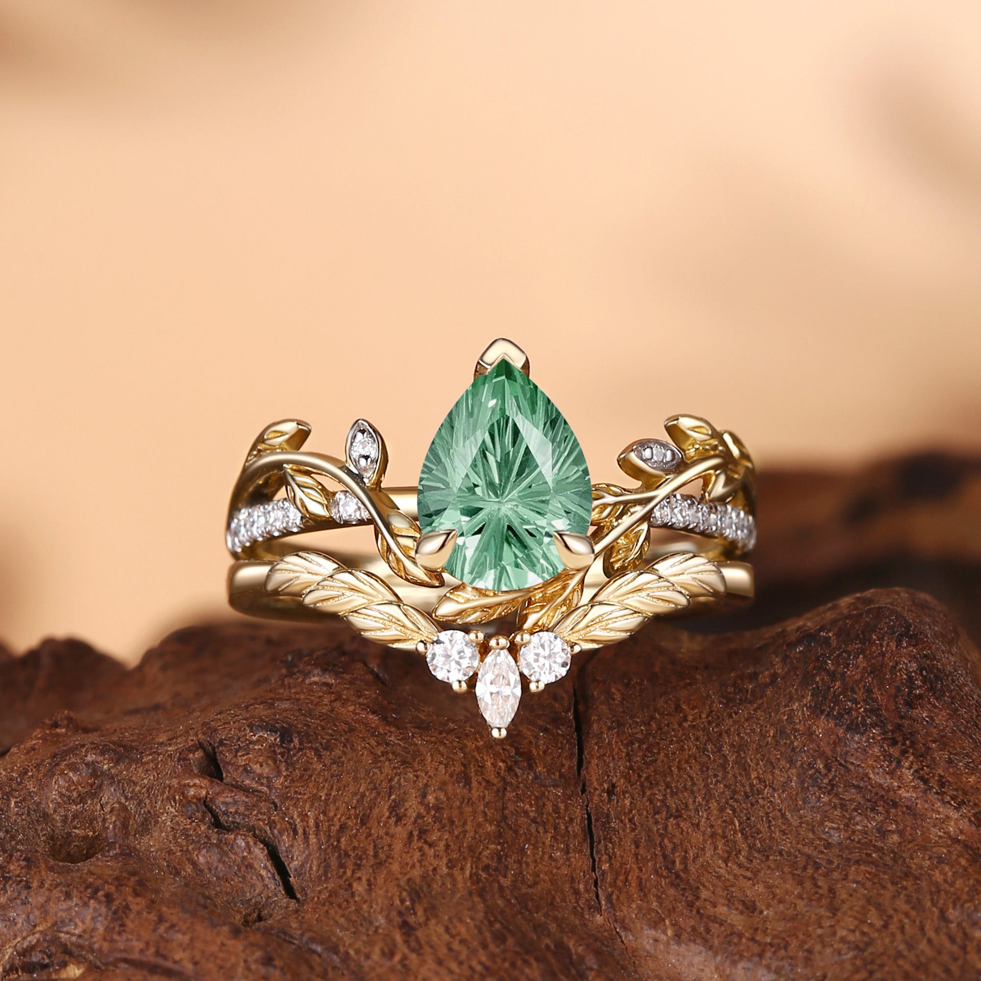 Jora - Pear Firework Cut Green Sapphire Nature Inspired Leafy Bridal Set 2pcs