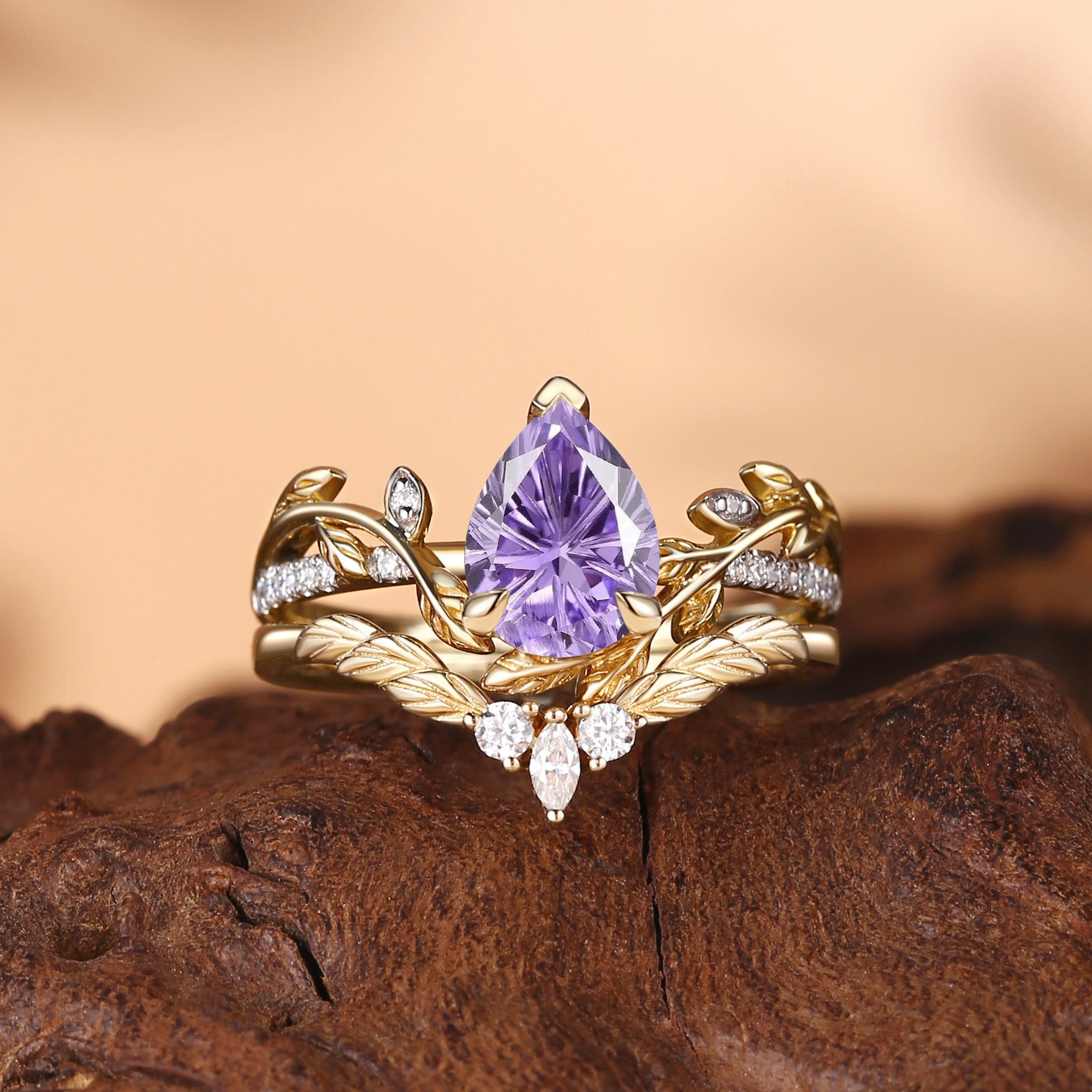 Jora - Pear Cut Firework Cut Purple Sapphire Nature Inspired Leafy Bridal Set 2pcs
