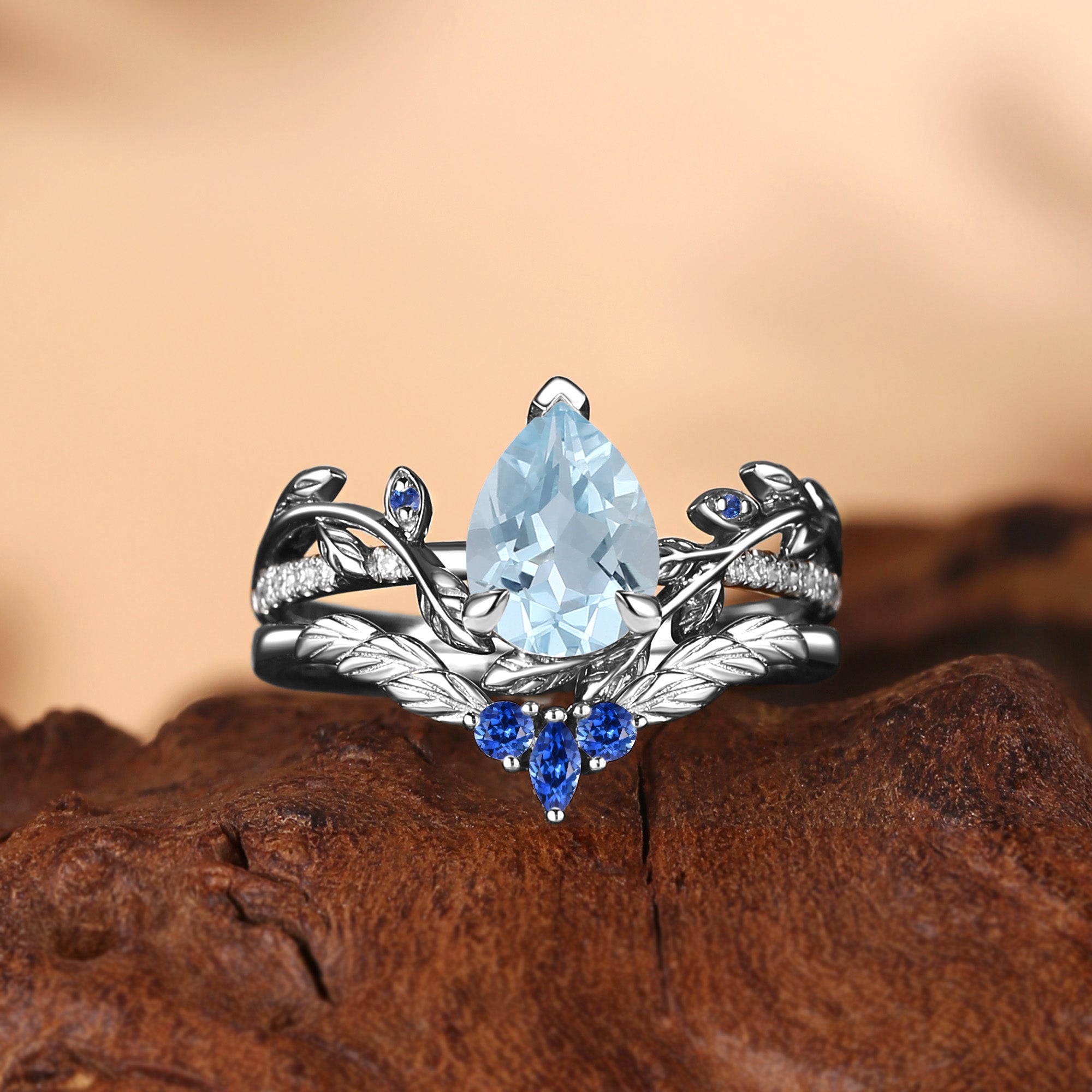 Jora - Pear Cut Aquamarine Nature Inspired Leafy Bridal Set 2pcs