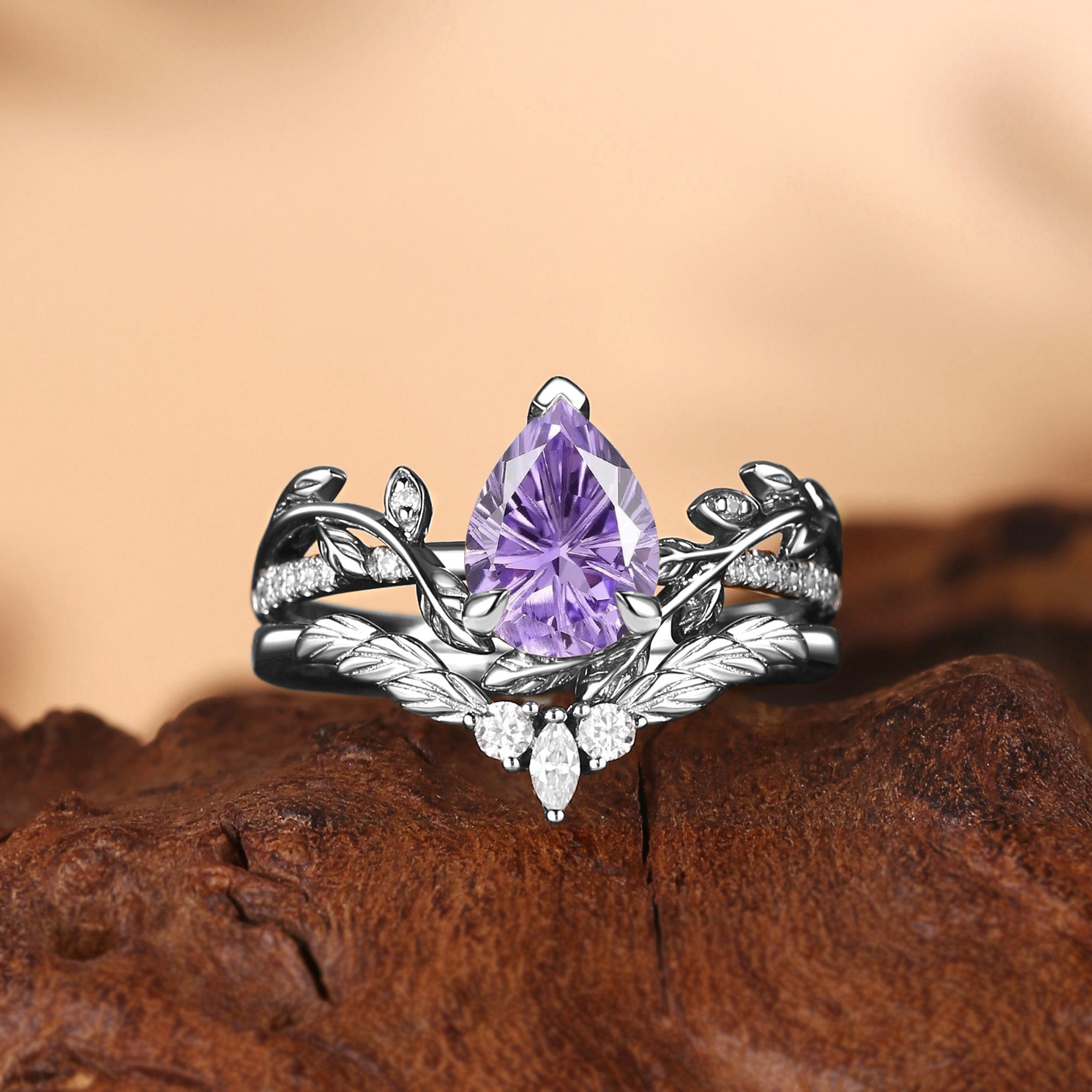 Jora - Pear Cut Firework Cut Purple Sapphire Nature Inspired Leafy Bridal Set 2pcs