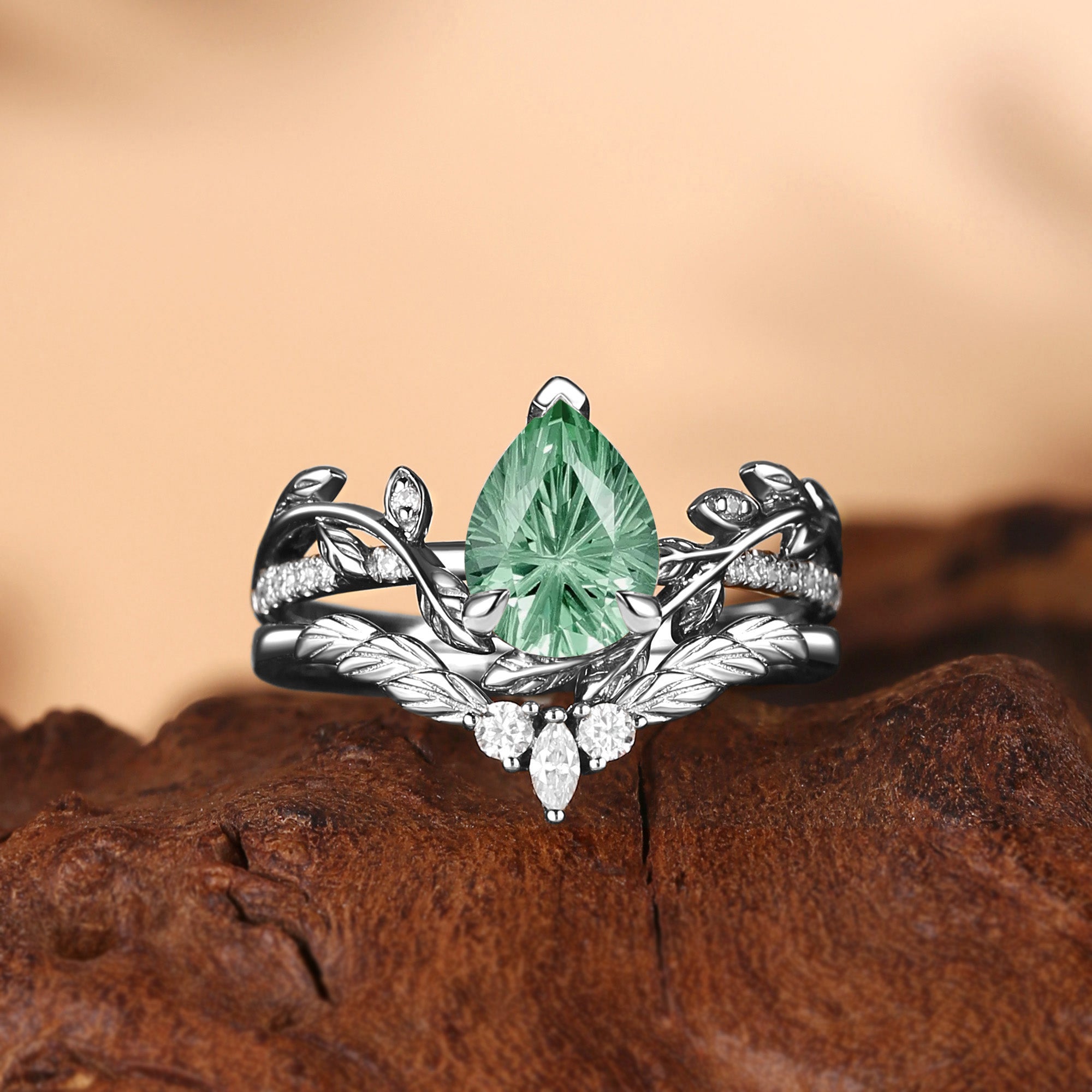 Jora - Pear Firework Cut Green Sapphire Nature Inspired Leafy Bridal Set 2pcs