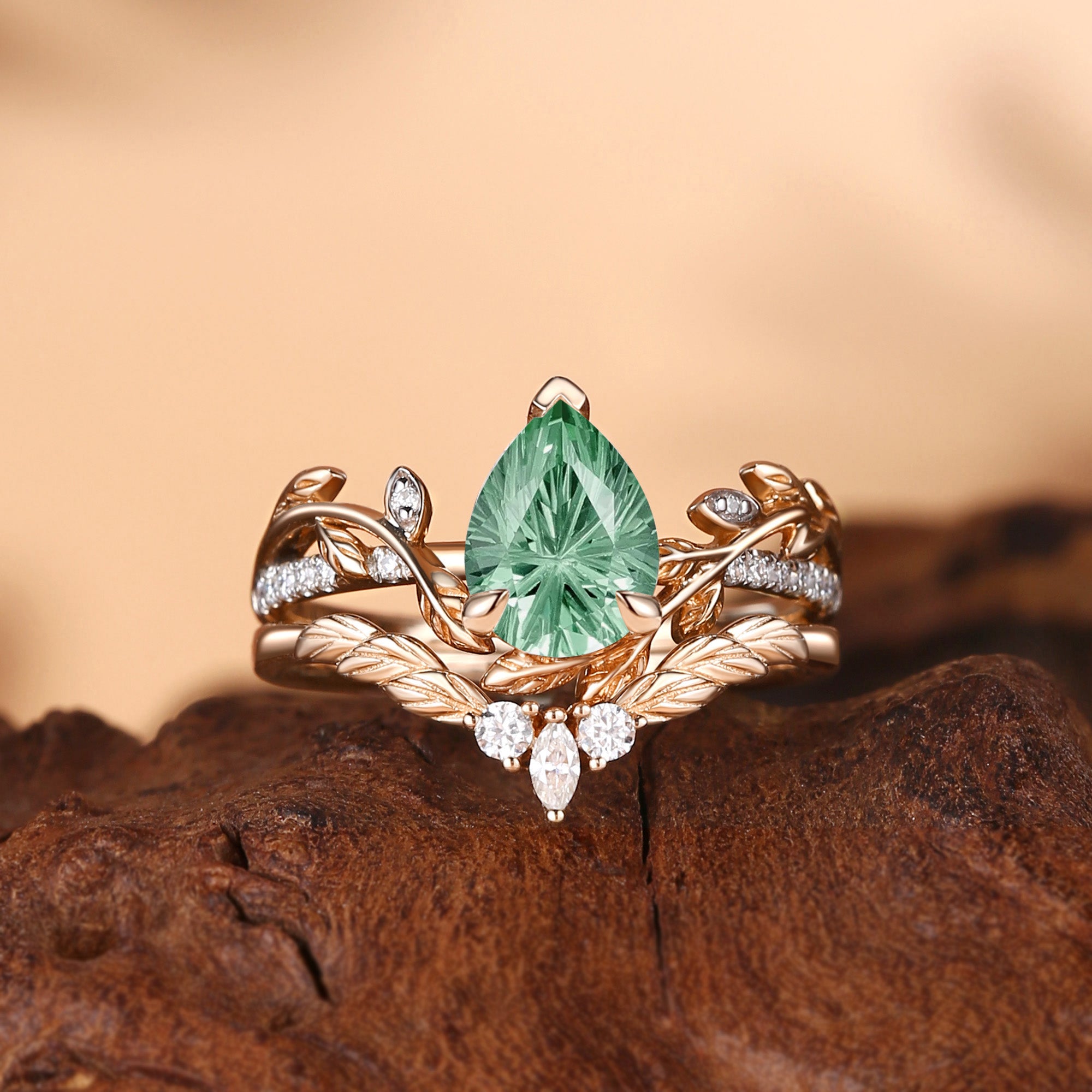 Jora - Pear Firework Cut Green Sapphire Nature Inspired Leafy Bridal Set 2pcs