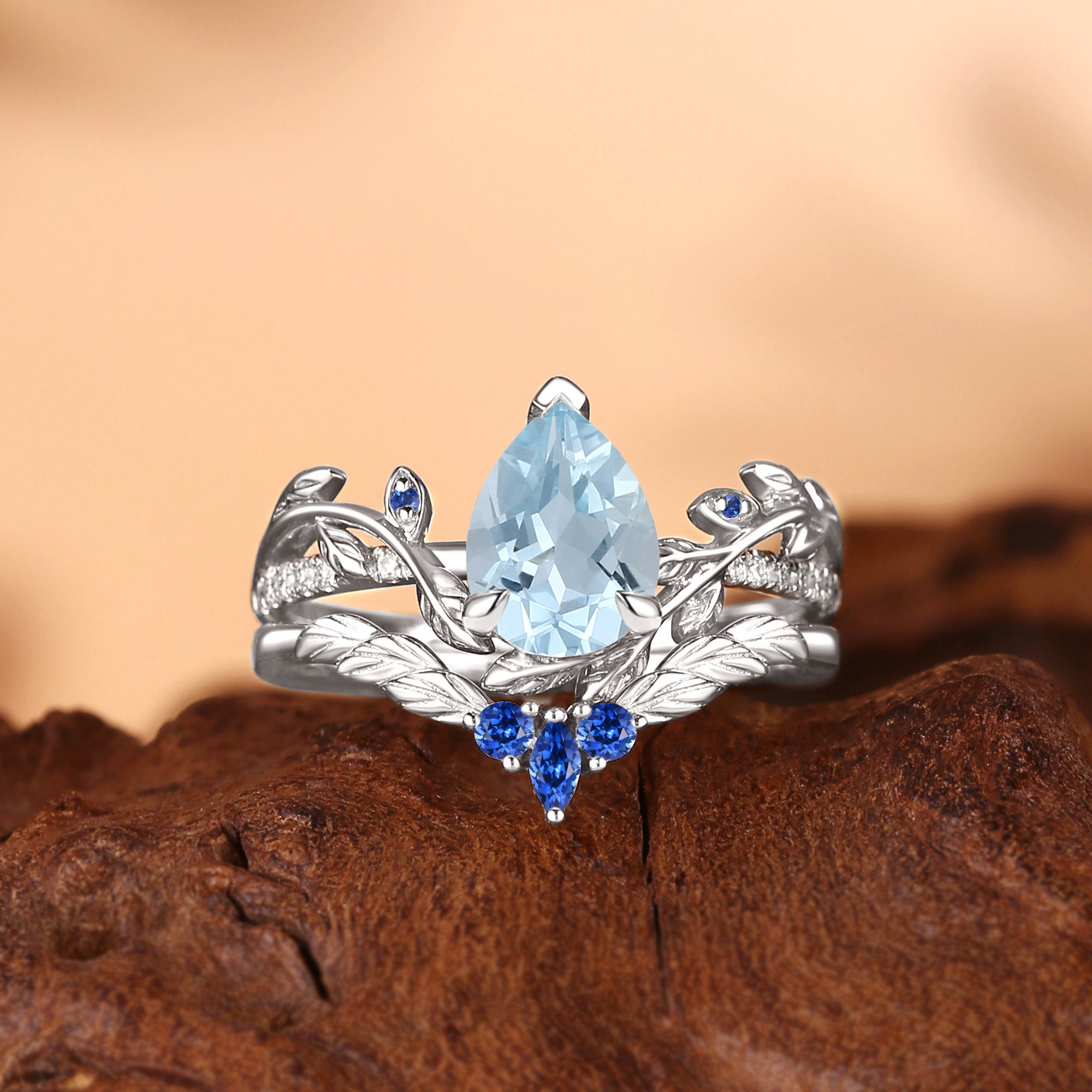 Jora - Pear Cut Aquamarine Nature Inspired Leafy Bridal Set 2pcs