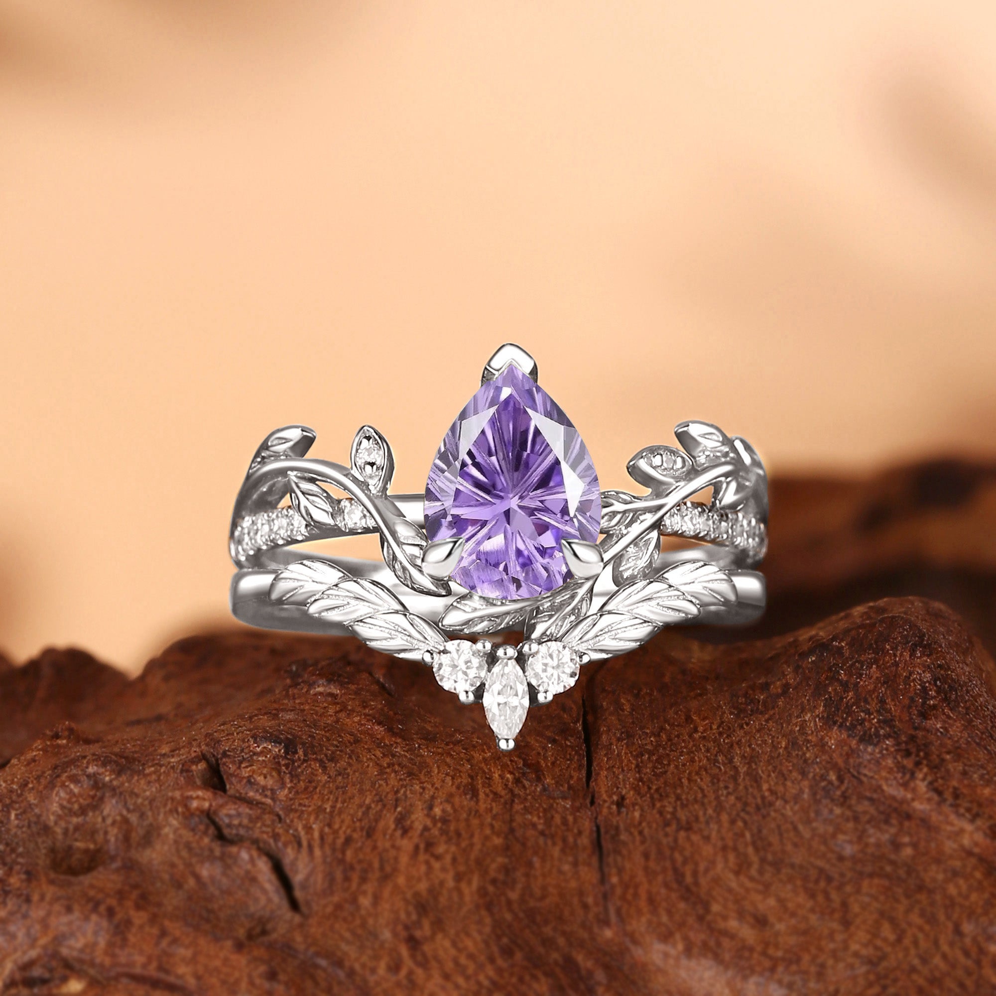 Jora - Pear Cut Firework Cut Purple Sapphire Nature Inspired Leafy Bridal Set 2pcs