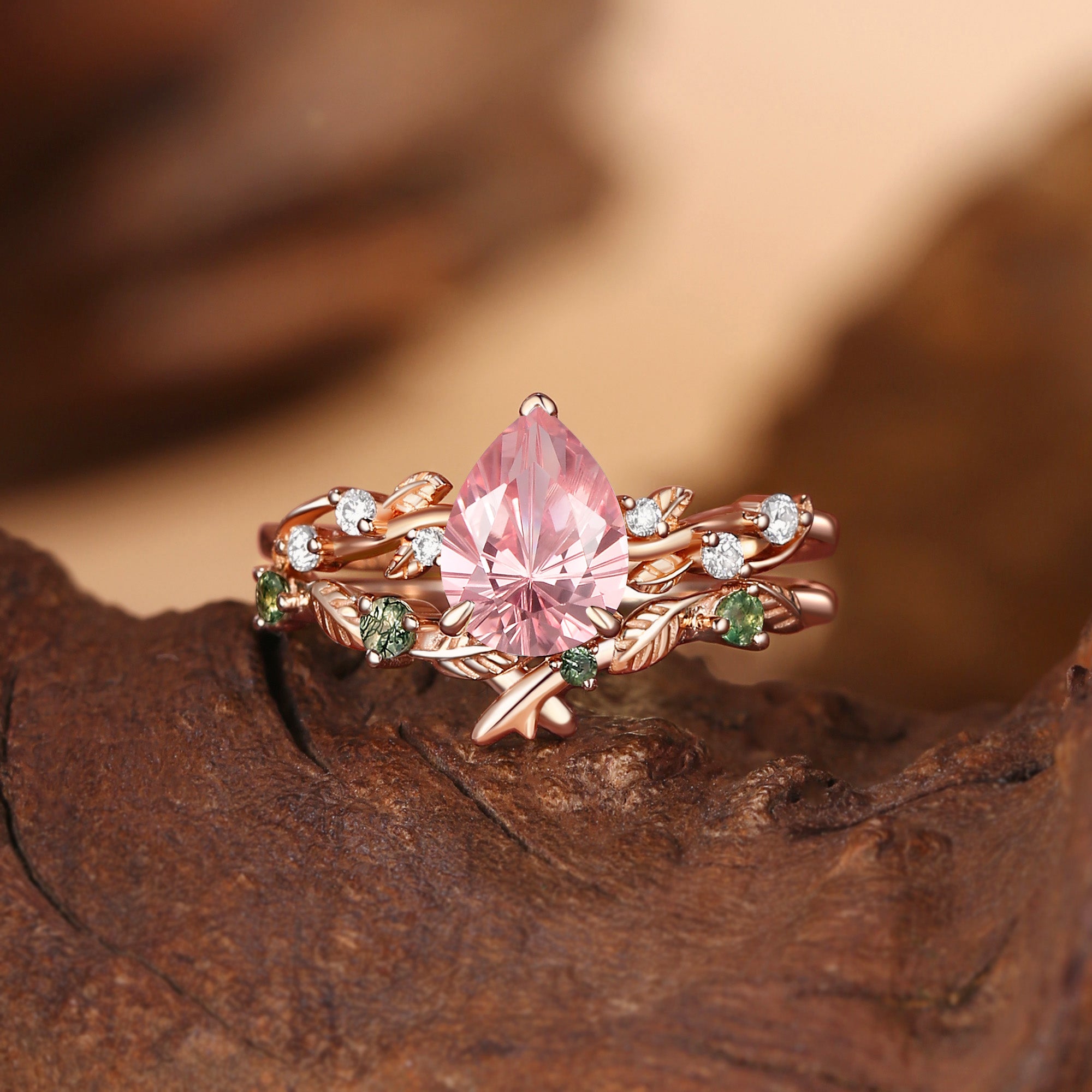 Clarissa - Firework Cut Lab Padparadscha Sapphire Leafy Bridal Set 2pcs