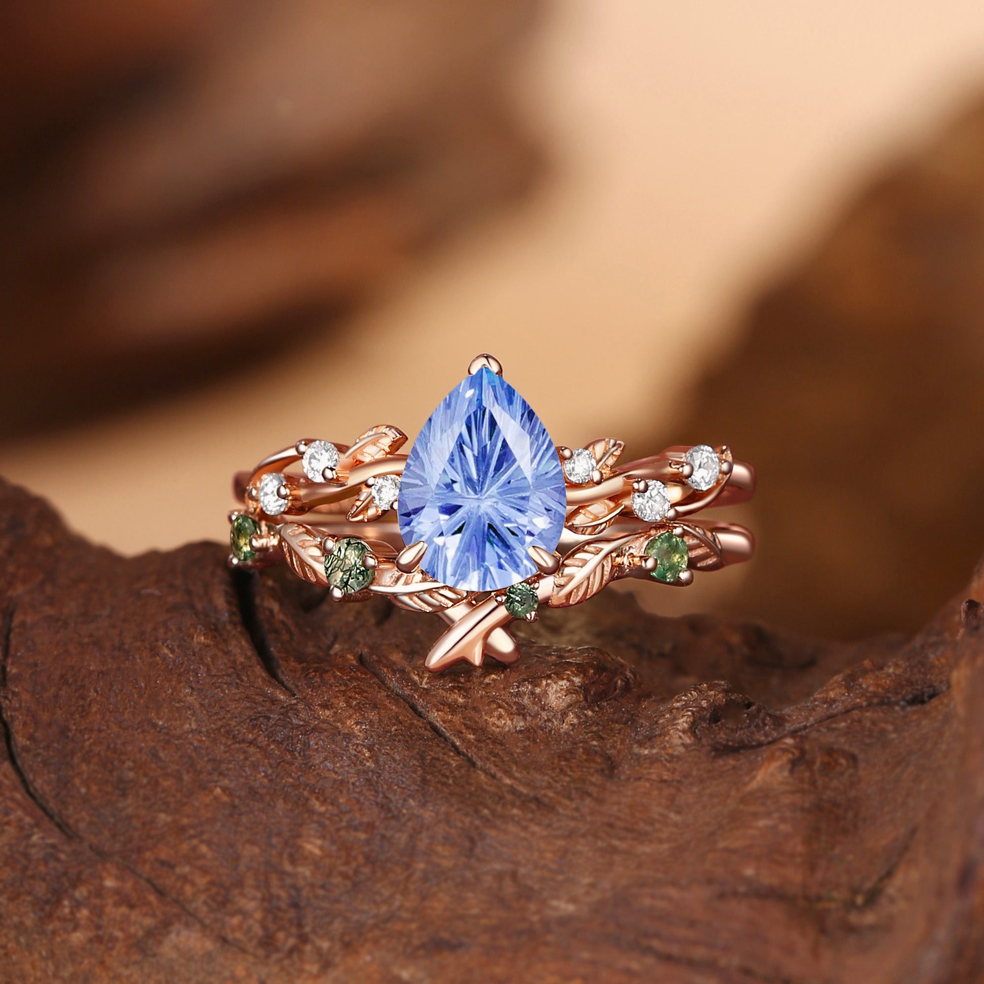 Clarissa - Firework Cut Cornflower Blue Sapphire Leafy Bridal Set 2pcs