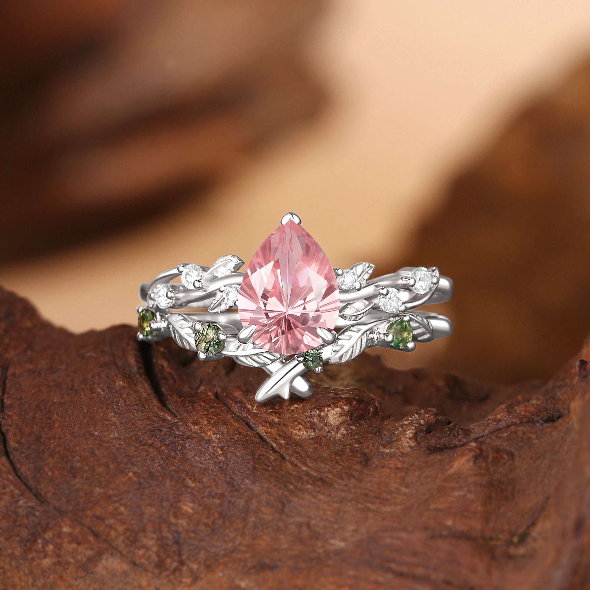 Clarissa - Firework Cut Lab Padparadscha Sapphire Leafy Bridal Set 2pcs