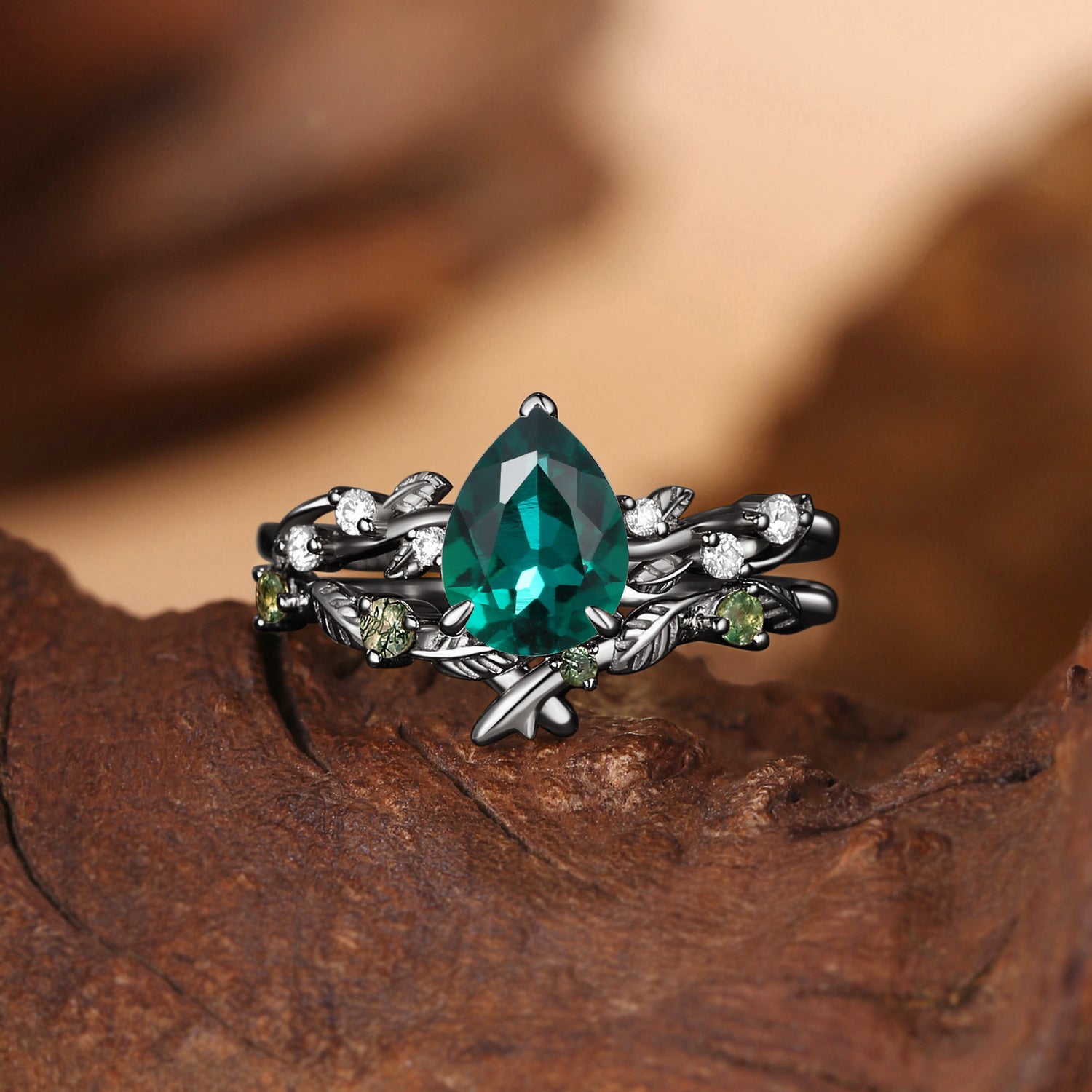 Clarissa - Pear Cut Lab Emerald Leafy Bridal Set 2pcs