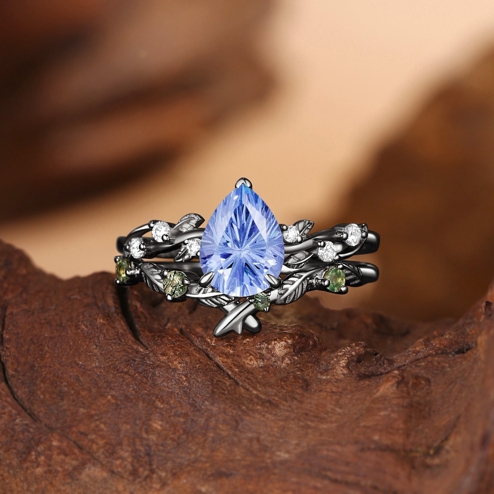 Clarissa - Firework Cut Cornflower Blue Sapphire Leafy Bridal Set 2pcs