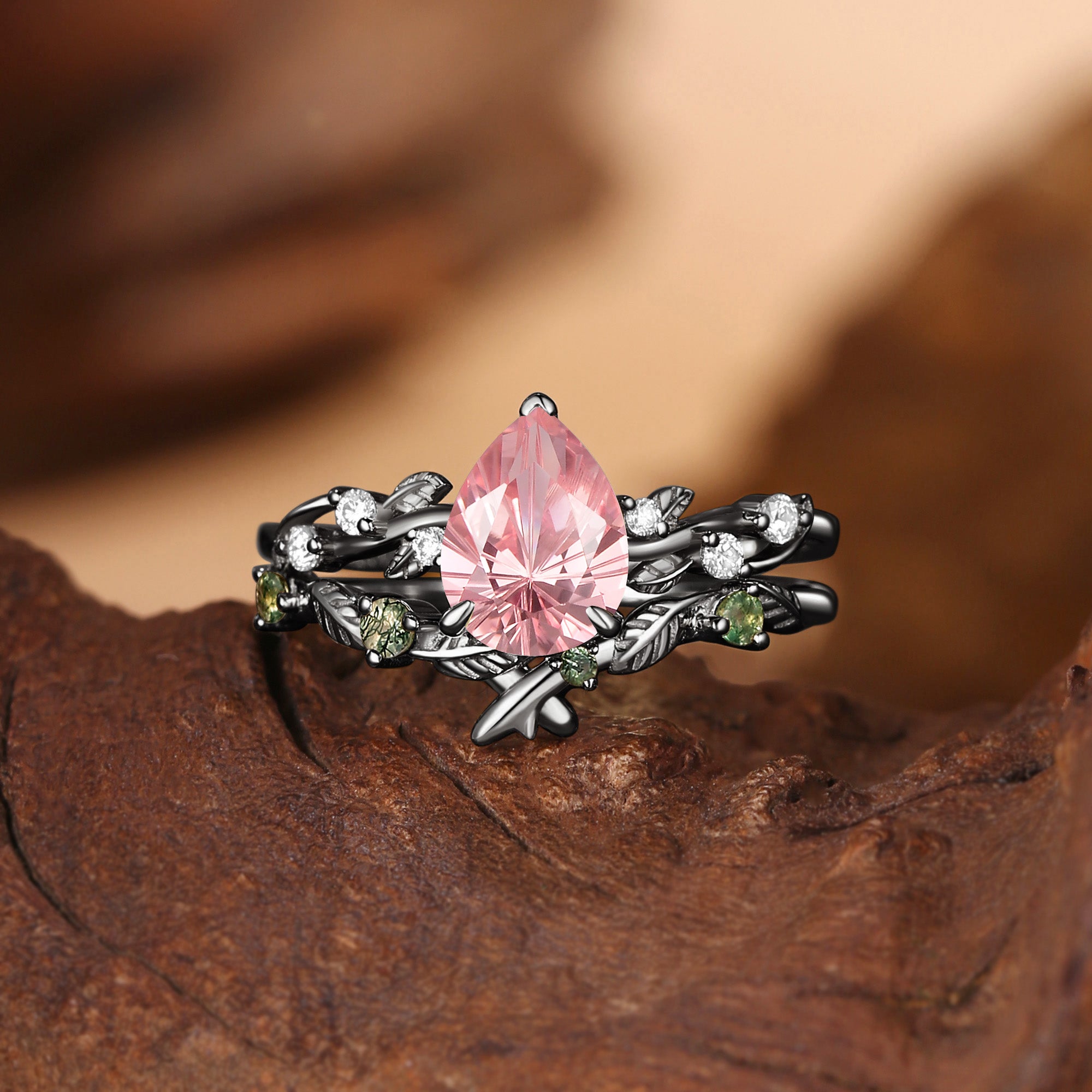 Clarissa - Firework Cut Lab Padparadscha Sapphire Leafy Bridal Set 2pcs