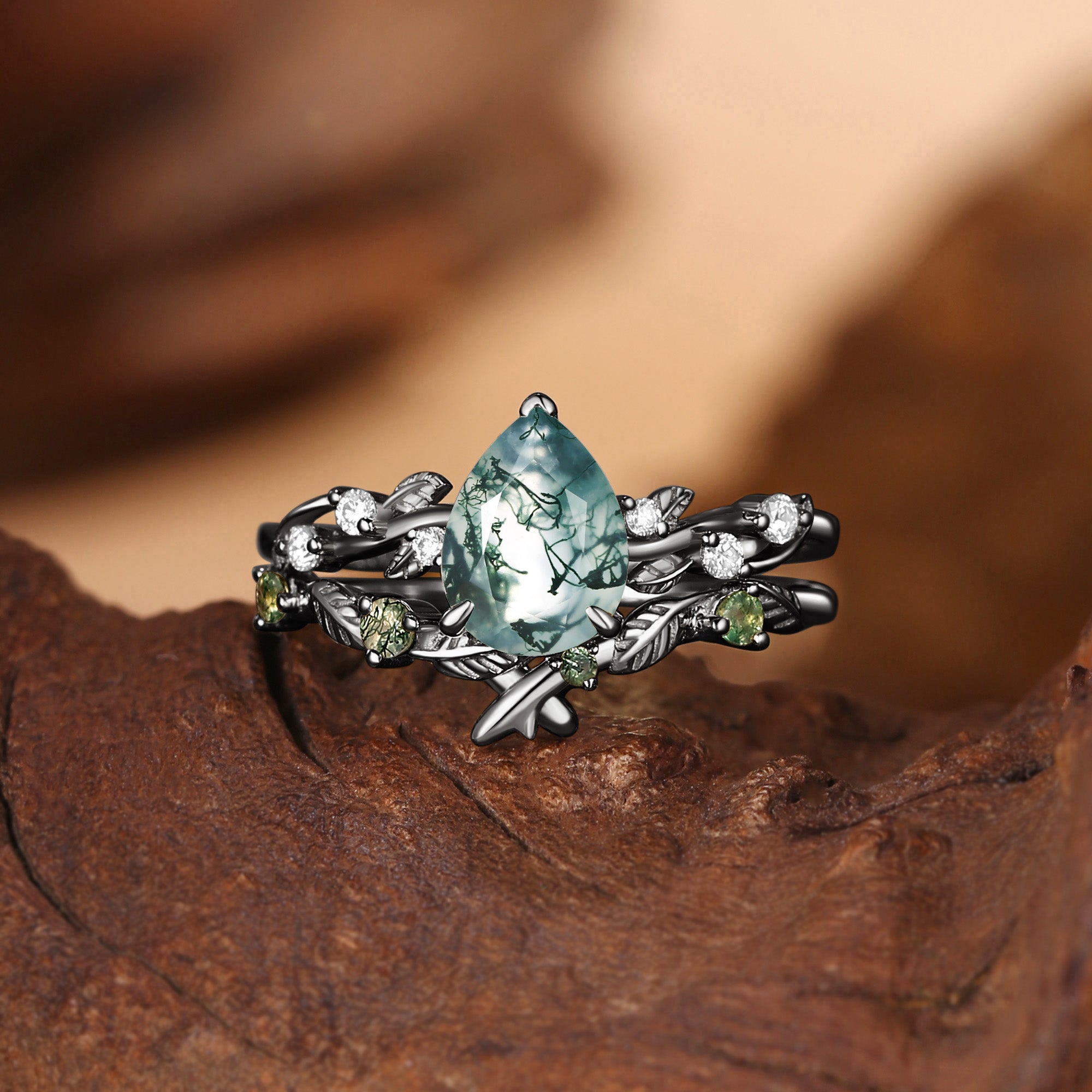 Clarissa - Pear Cut Moss Agate Leafy Bridal Set 2pcs