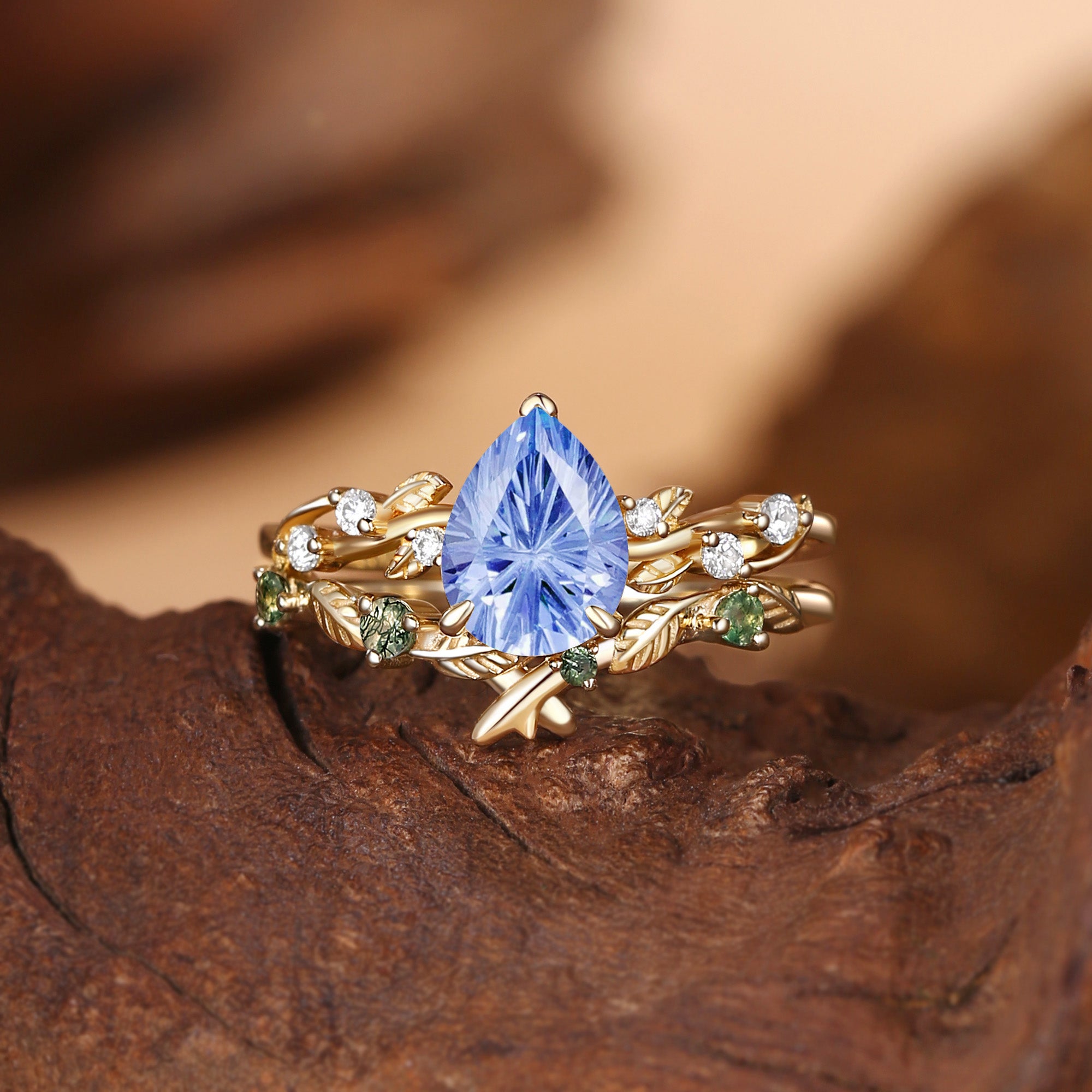 Clarissa - Firework Cut Cornflower Blue Sapphire Leafy Bridal Set 2pcs