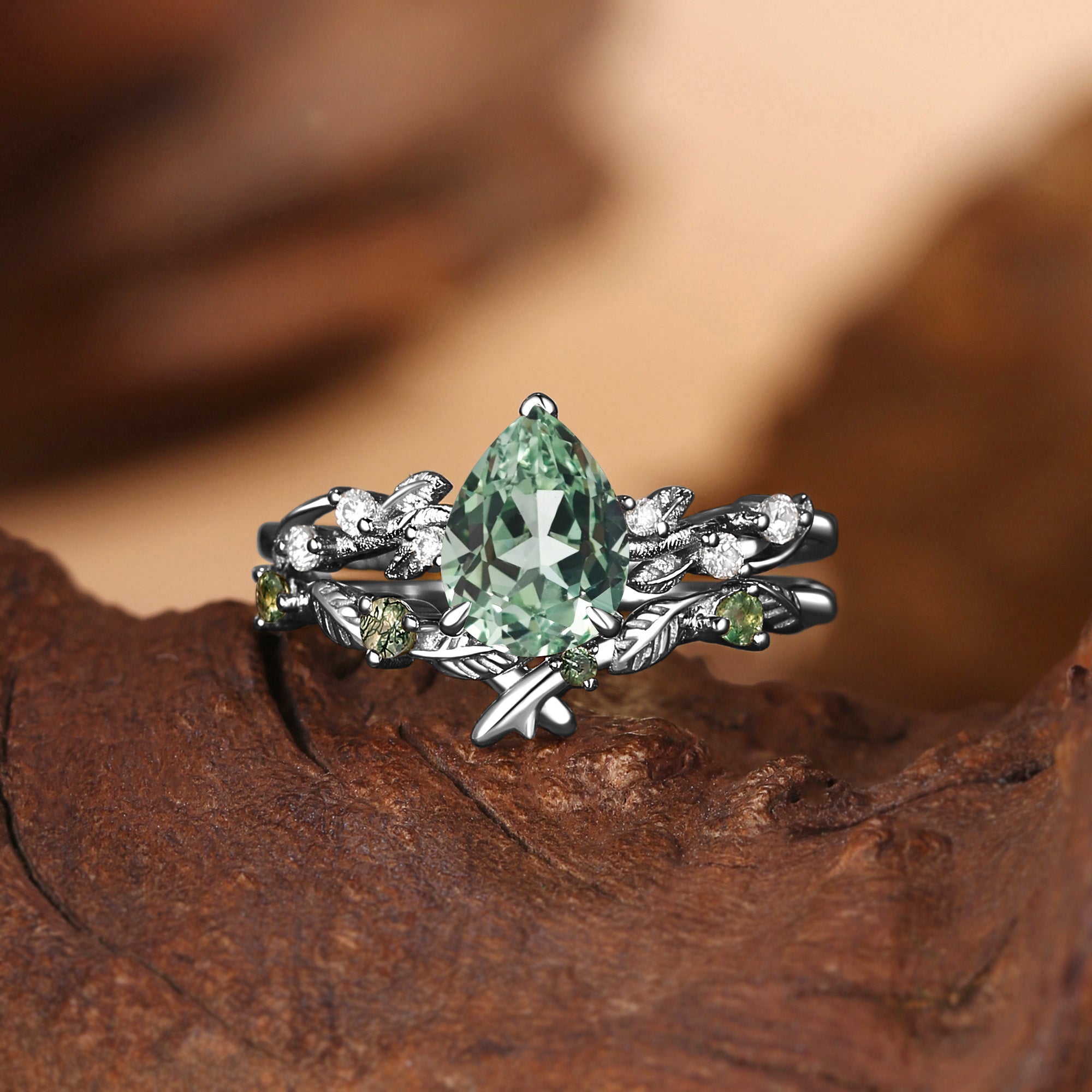 Clarissa - Pear Cut Lab Green Sapphire Leafy Bridal Set 2pcs