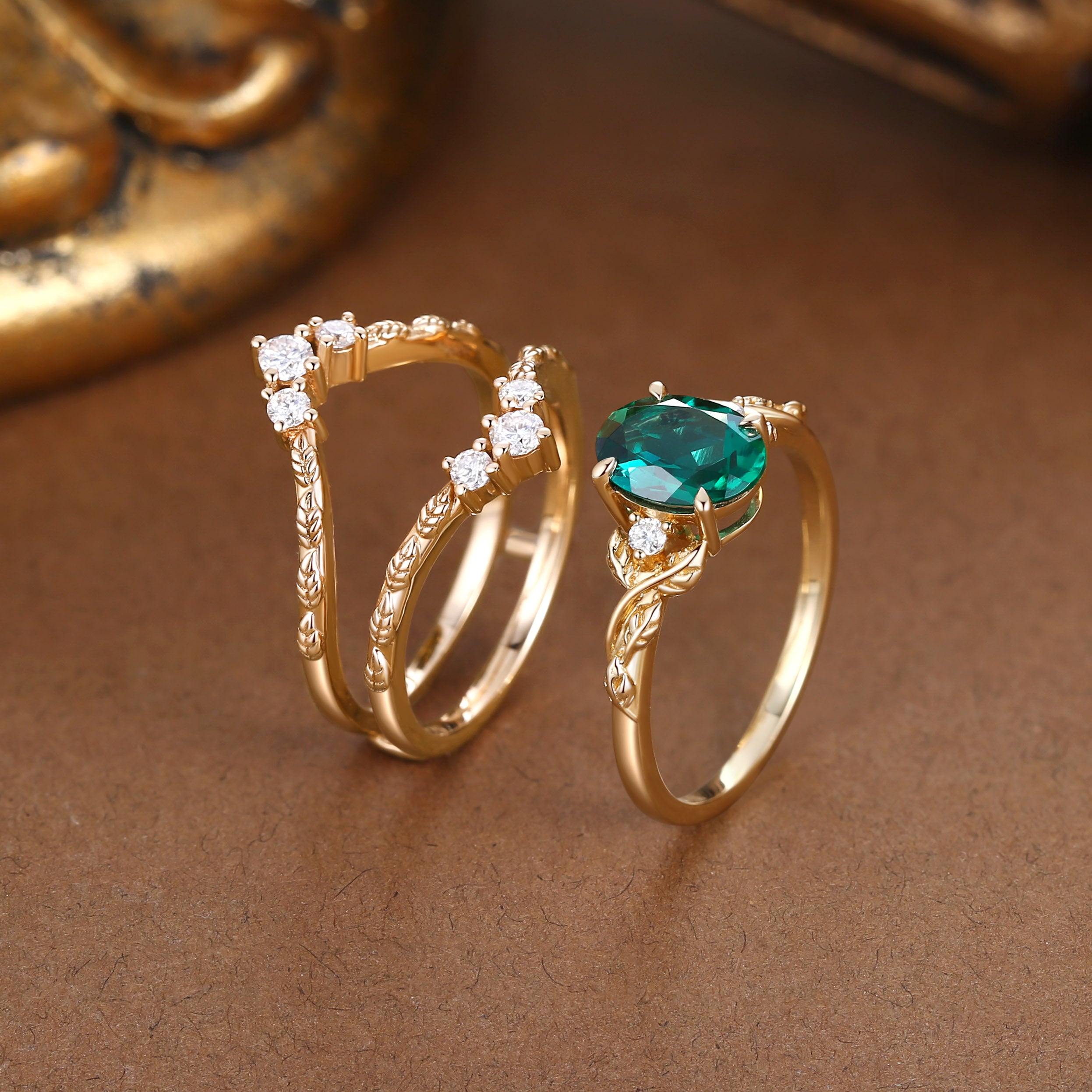 Josephine - Lab Emerald Oval Cut Leafy Filigree Bridal Set 2pcs