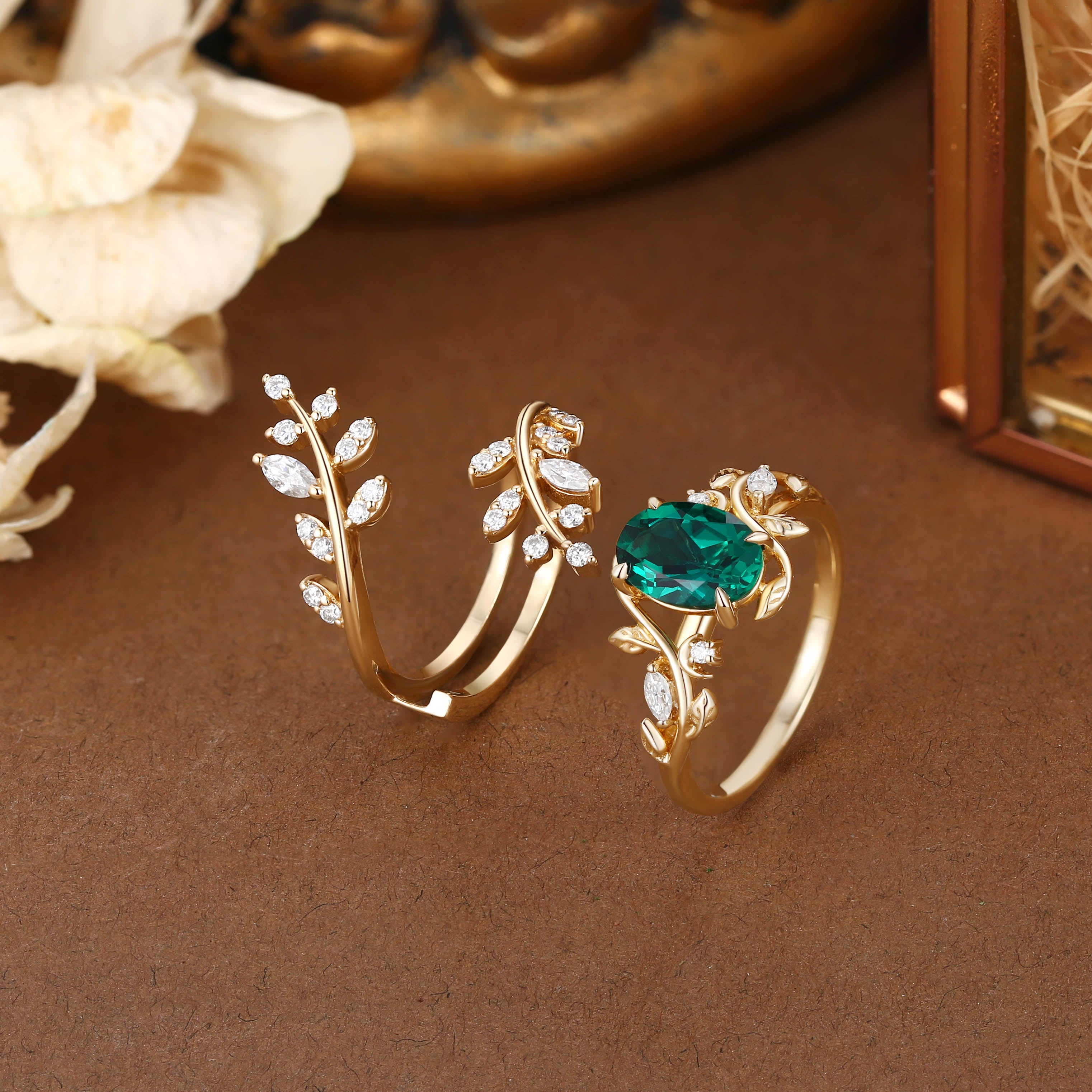 Gabrielle - Oval Cut Lab Emerald Enhancer Bridal Set 2pcs
