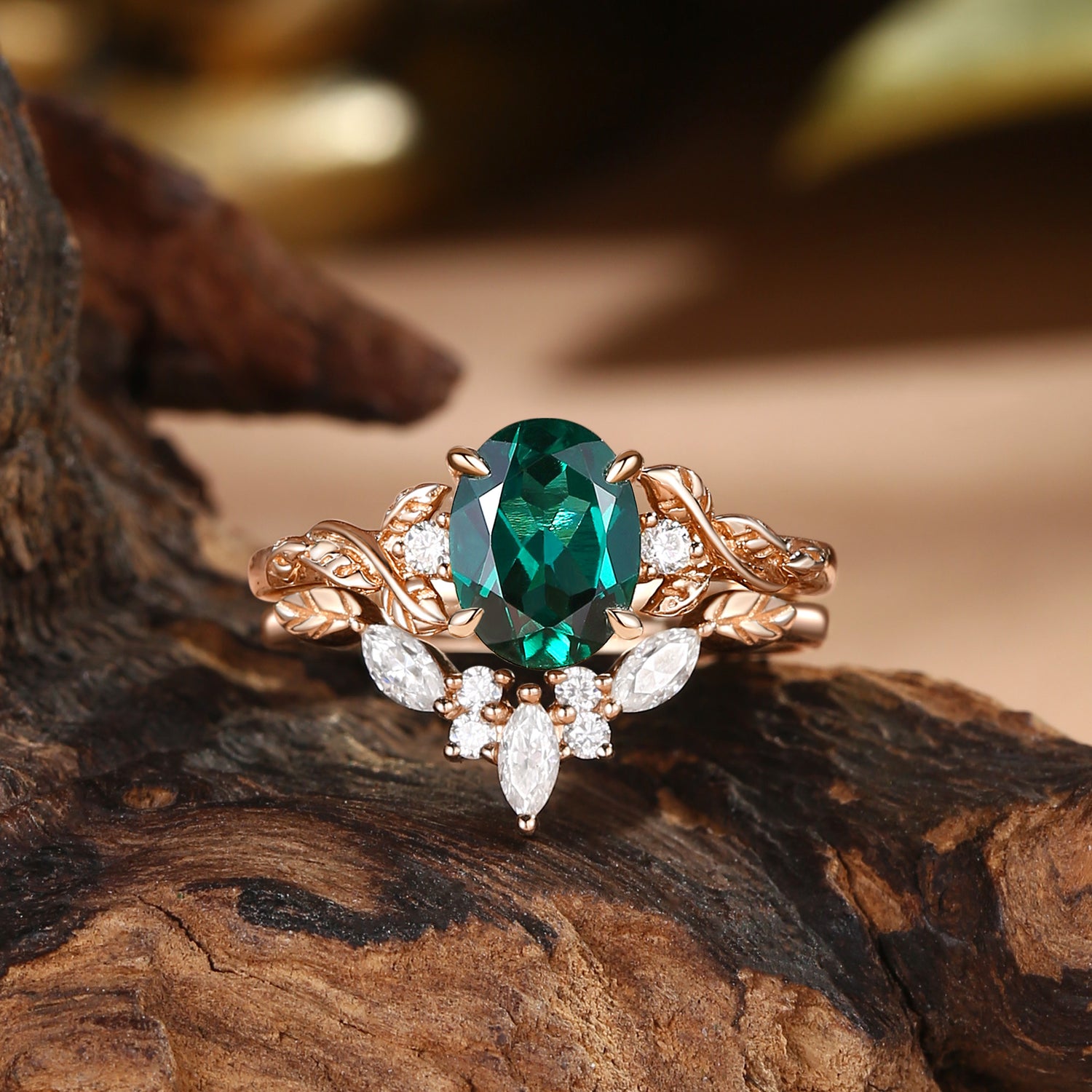 Eden - Oval Cut Lab Emerald Nature Inspired Bridal Set 2pcs