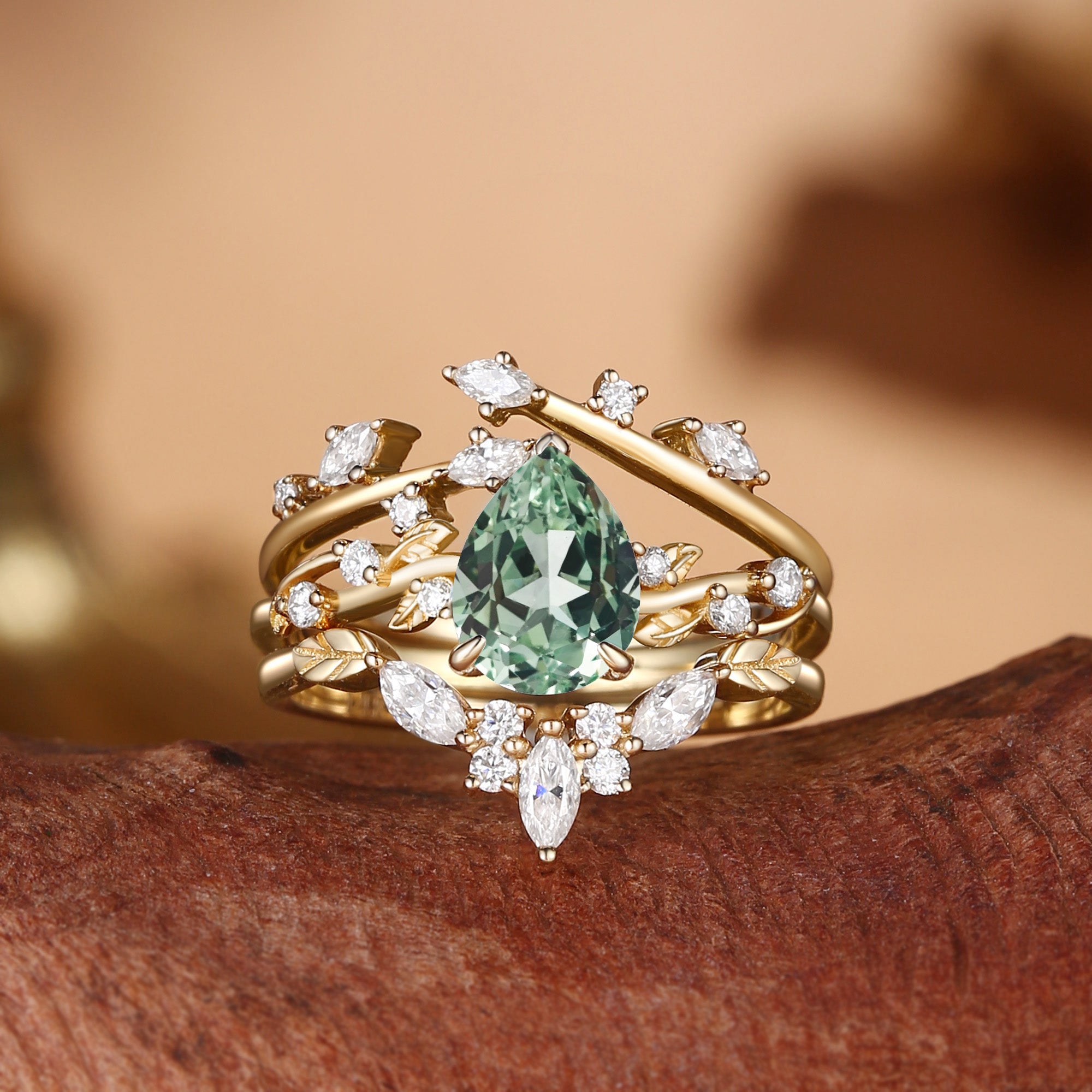 Pear Cut Green Sapphire Cluster Leafy Engagement Ring Set 3pcs - Clarissa