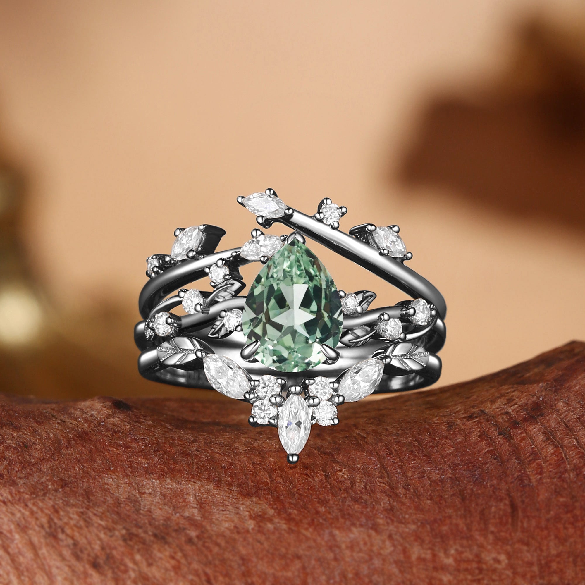 Pear Cut Green Sapphire Cluster Leafy Engagement Ring Set 3pcs - Clarissa