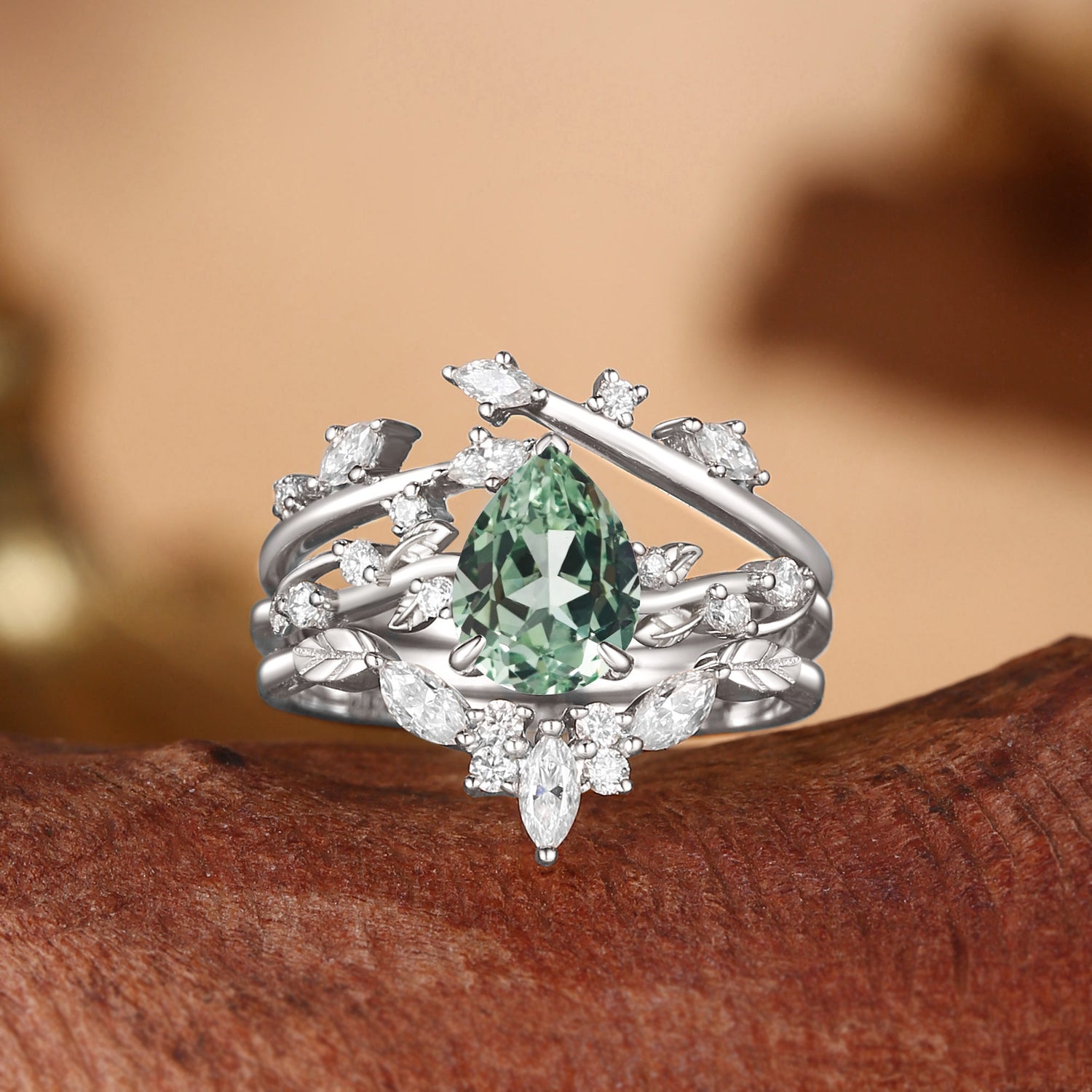 Pear Cut Green Sapphire Cluster Leafy Engagement Ring Set 3pcs - Clarissa