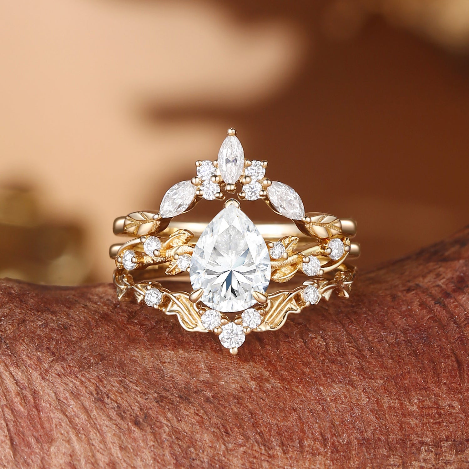 Clarissa - Moissanite Nature Inspired Leafy Engagement Ring Set 3pcs