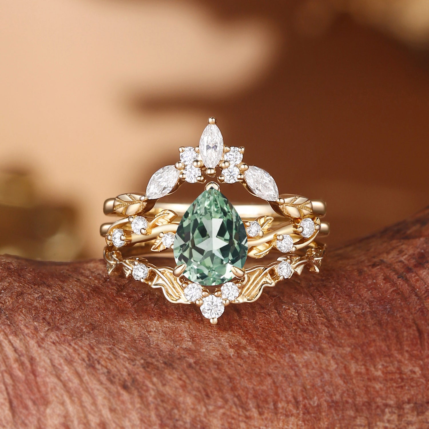 Green Sapphire Nature Inspired Leafy Engagement Ring Set 3pcs - Clarissa