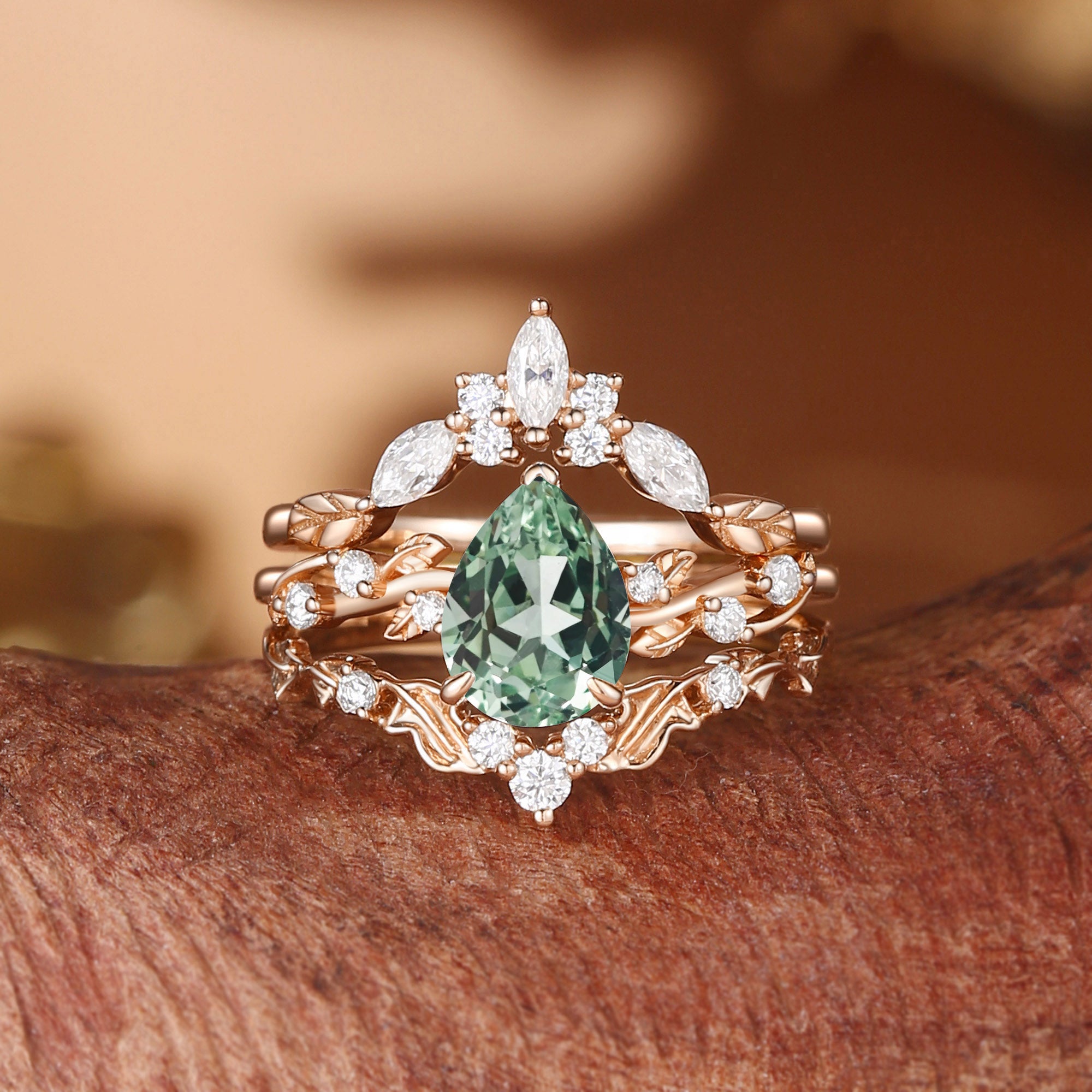 Green Sapphire Nature Inspired Leafy Engagement Ring Set 3pcs - Clarissa