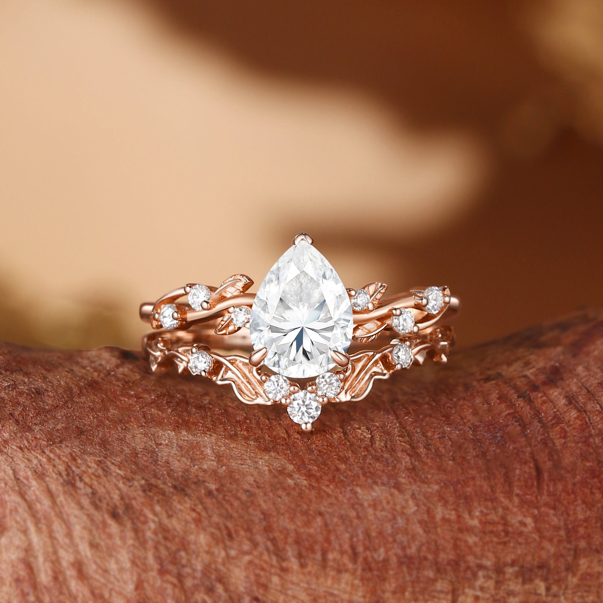 Clarissa - Pear Cut Moissanite Vine Inspired Leafy Bridal Set 2pcs